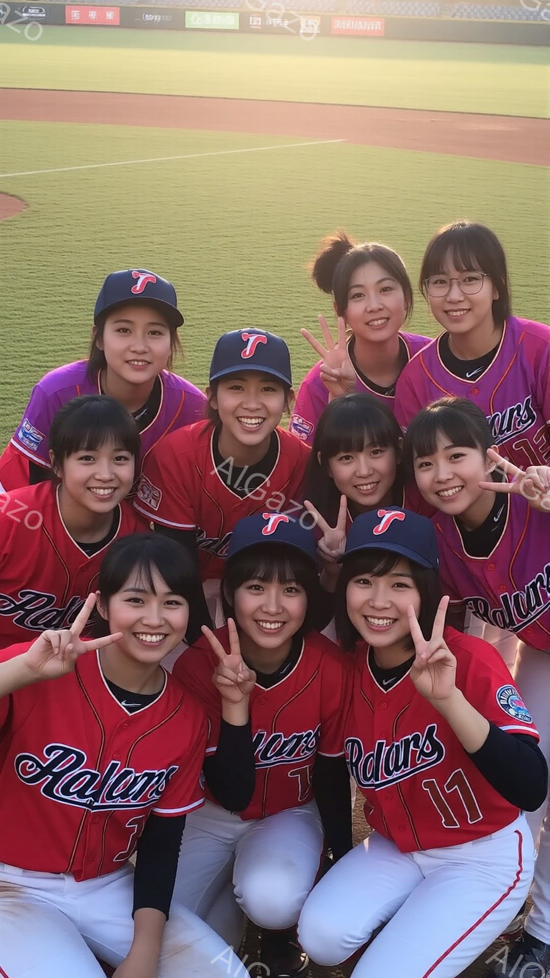 画像には、赤い野球ユニフォームを着た若い女性たちが写っています。彼女たちは皆笑顔で、勝利を祝うようにピースサインをしています。背景は緑色の野球場であり、晴天で明るい雰囲気です。