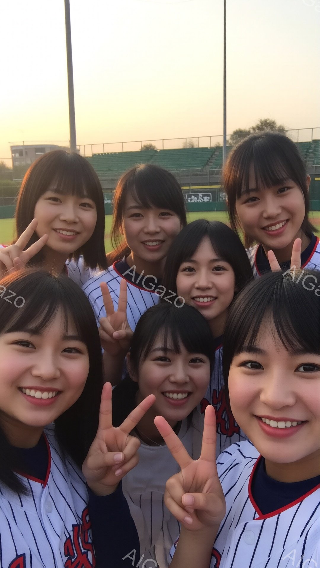 複数の若い女性が野球場の前で肩を並べて笑顔で写っています。彼女たちはストライプの野球ユニフォームに身を包み、髪は前髪を下ろしたスタイルで、ほとんどの人がピースサインをしています。背景には緑の芝生と観客 - AI生成フリー素材