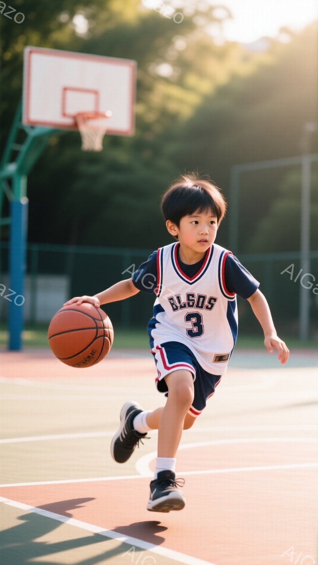 少年はバスケットボールコートでドリブルをしている。白いタンクトップに「3」と書かれ、黒い短パン姿で、元気いっぱいにボールを持って走っている。背景にはバスケットゴールと緑豊かな木々が見え、晴れた日の活気ある雰囲気を感じさせる。