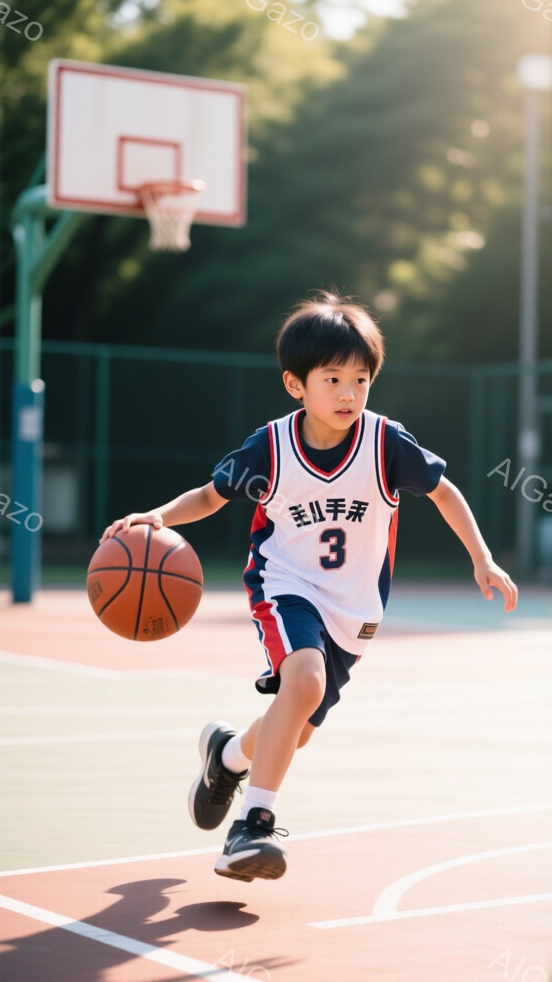 小さな男の子がバスケットボールを持ってドリブルしながら走っています。赤、白、青のストライプが入ったバスケットボールシャツには「3」の番号が大きく書かれており、黒いショーツとスニーカーを履いています。背景にはバスケットボールコートと緑の木々が見え、晴れた日の屋外での活動を捉えた活気ある写真です。