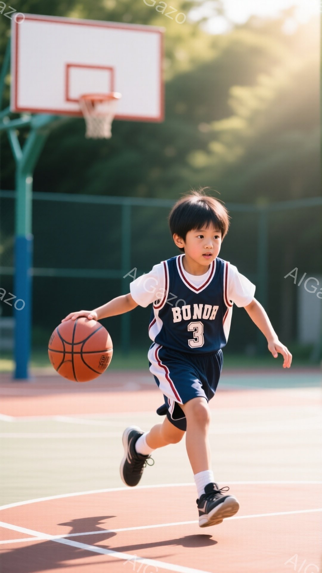小さな少年がバスケットボールを持ってコートを走っている。紺色のユニフォームには「BOND」と背番号の「3」がプリントされており、白い縁取りがアクセントになっている。背景にはバスケットゴールと緑豊かな木 - AI生成フリー素材