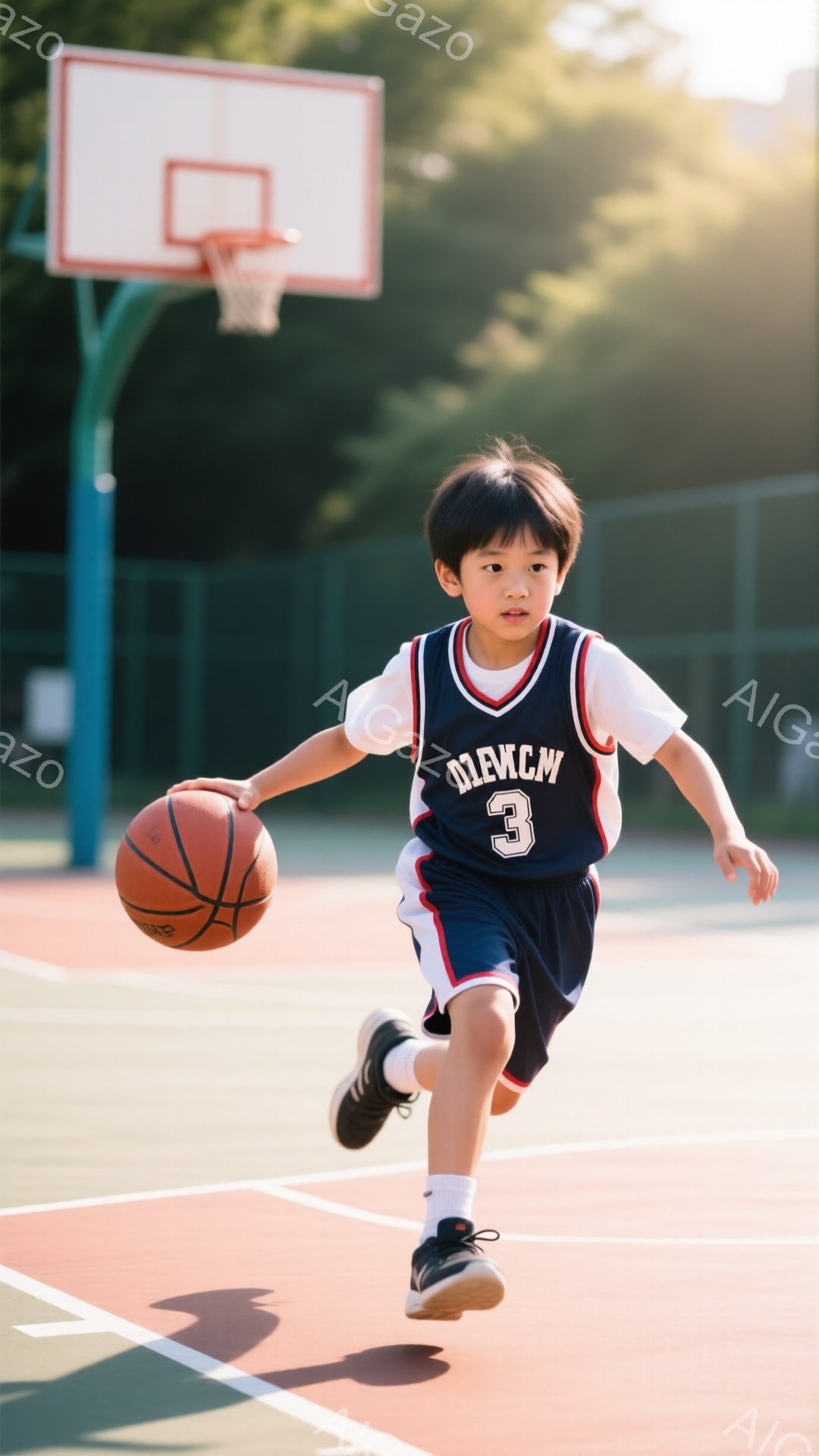 少年はバスケットボールコートでドリブルをしている。紺色のユニフォームに「3」と書かれており、白いTシャツを重ね着している。背景にはバスケットゴールが見え、明るい日差しがコート全体を照らしているため、活 - AI生成フリー素材