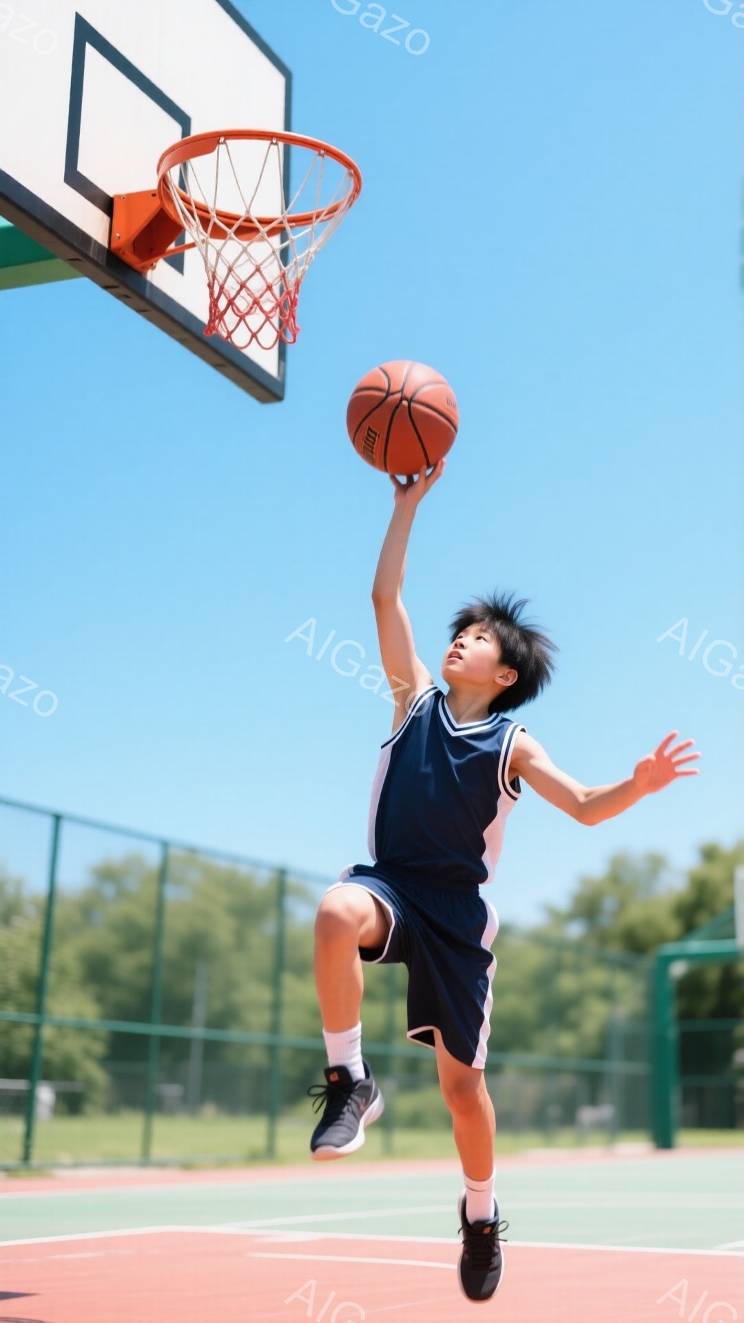 少年はバスケットボールコートでジャンプシュートをしています。紺色のタンクトップとハーフパンツ、そして赤いハイソックスと黒いスニーカーを着用しており、髪は短く、活発な表情をしています。背景には緑豊かな木々が広がり、晴天の下、コートは鮮やかな赤色で、躍動感のある夏の日の雰囲気が伝わってきます。