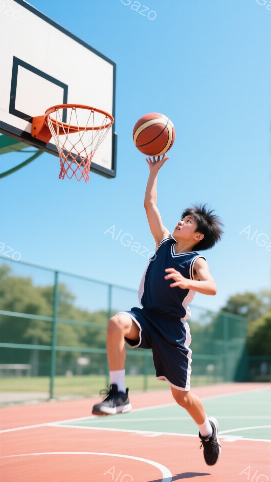 少年はバスケットボールコートでジャンプシュートをしています。紺色のユニフォームと短いパンツを着用し、黒いスニーカーを履いています。背景は青空の下の緑豊かな木々で、晴れた日の活気ある雰囲気を醸し出しています。