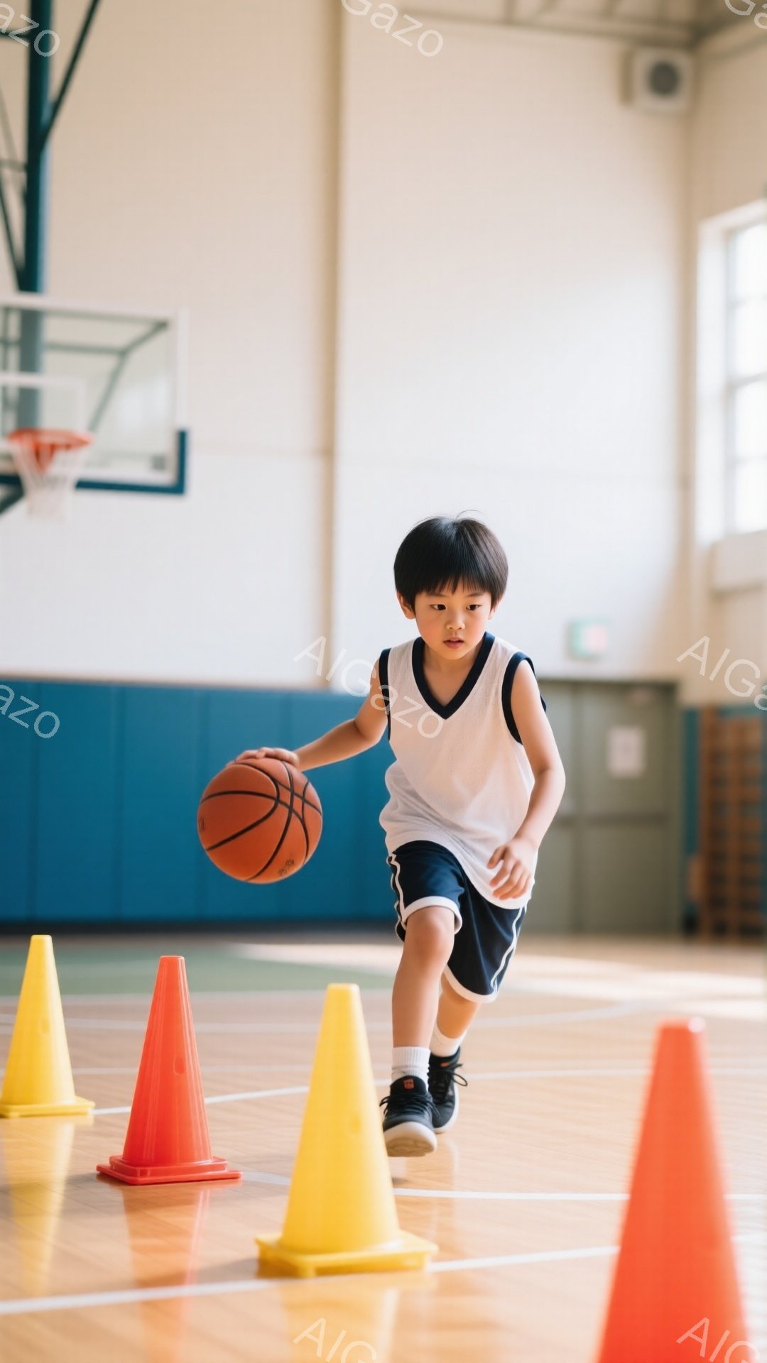 金髪の少年がバスケットボールを持ってドリブルしている様子が写っている。白いタンクトップと紺色の短パン、赤い靴下を履いており、髪は短く整えられている。背景にはオレンジ色のコーンが並び、バスケットゴールが見える体育館内である。