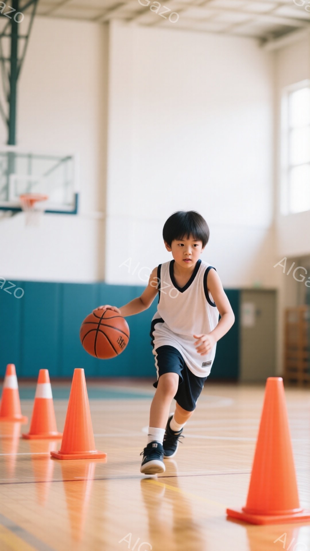 少年はバスケットボールを持ってドリブルしながら、オレンジ色のコーンが並んだ体育館内を走っている。白のタンクトップと濃い青色のショーツ、そして黒いスニーカーを身に着け、短い黒髪は整然とセットされている。背景にはバスケットボールゴールと明るい光が差し込む窓があり、全体的に活気があり練習に集中している様子が伝わる。