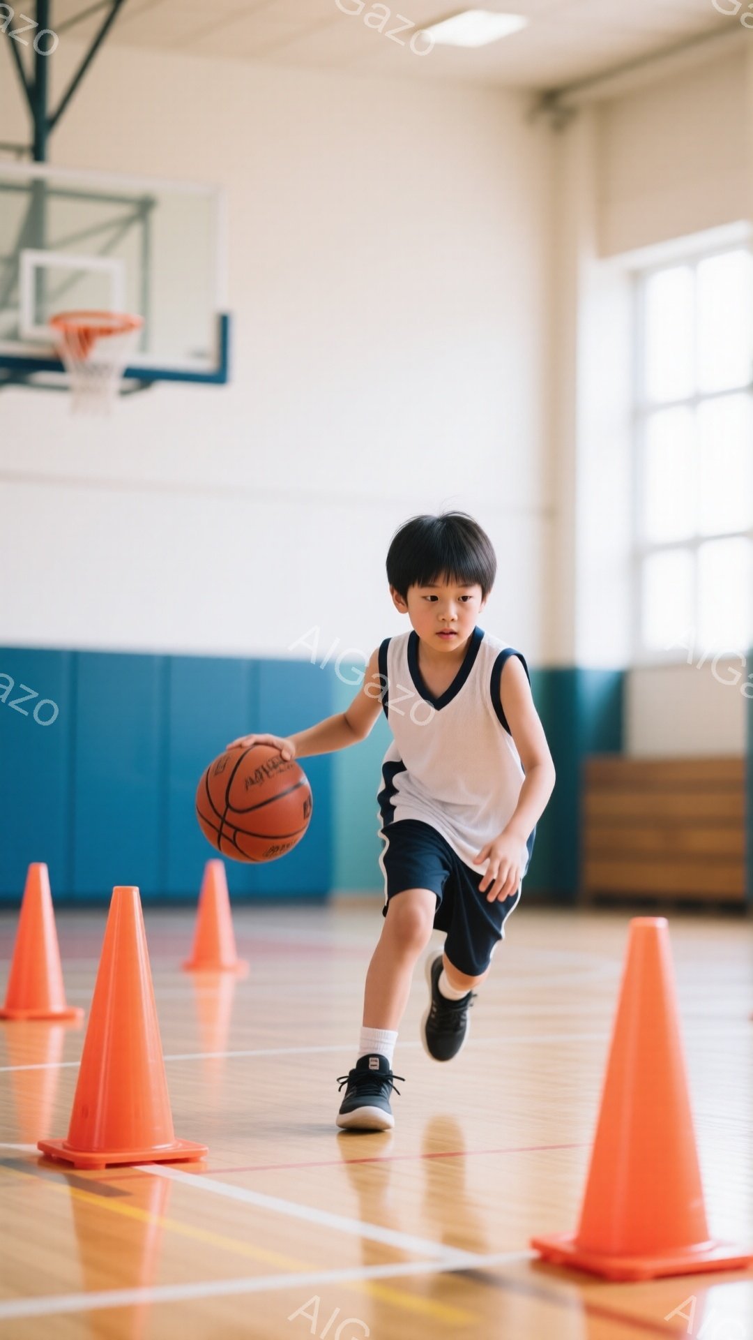茶髪の少年がバスケットボールを持ってドリブルしている。白のタンクトップと紺色の短パン姿で、体育館の床に置かれたオレンジ色のコーンの間を走っている。背景にはバスケットゴールが見え、明るい室内で活気に満ちた練習風景が広がっている。