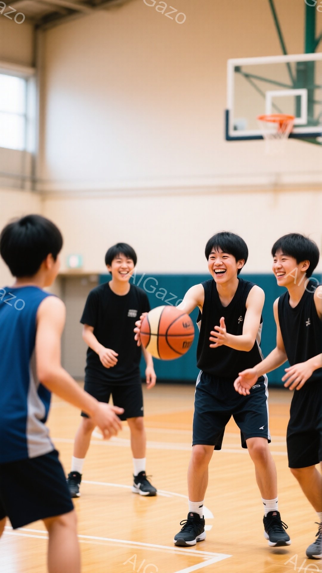 体育館でバスケットボールをしている少年たちが写っています。黒いユニフォームと黒いショーツ姿で、笑顔でボールをパスし合っています。明るい体育館の雰囲気と少年たちの活発な動きが、楽しげな様子を表しています。