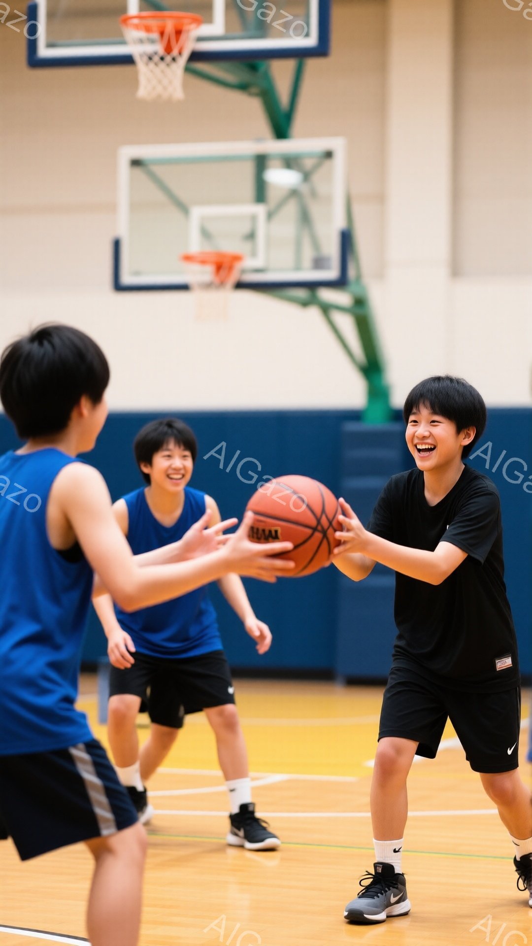 体育館でバスケットボールをしている少年たちが写っています。一人は黒いTシャツと黒いショートパンツを着て、バスケットボールを持って笑顔でボールをパスしようとしています。他の少年たちは青いユニフォームを着て、ボールを受けるために手を伸ばしています。
