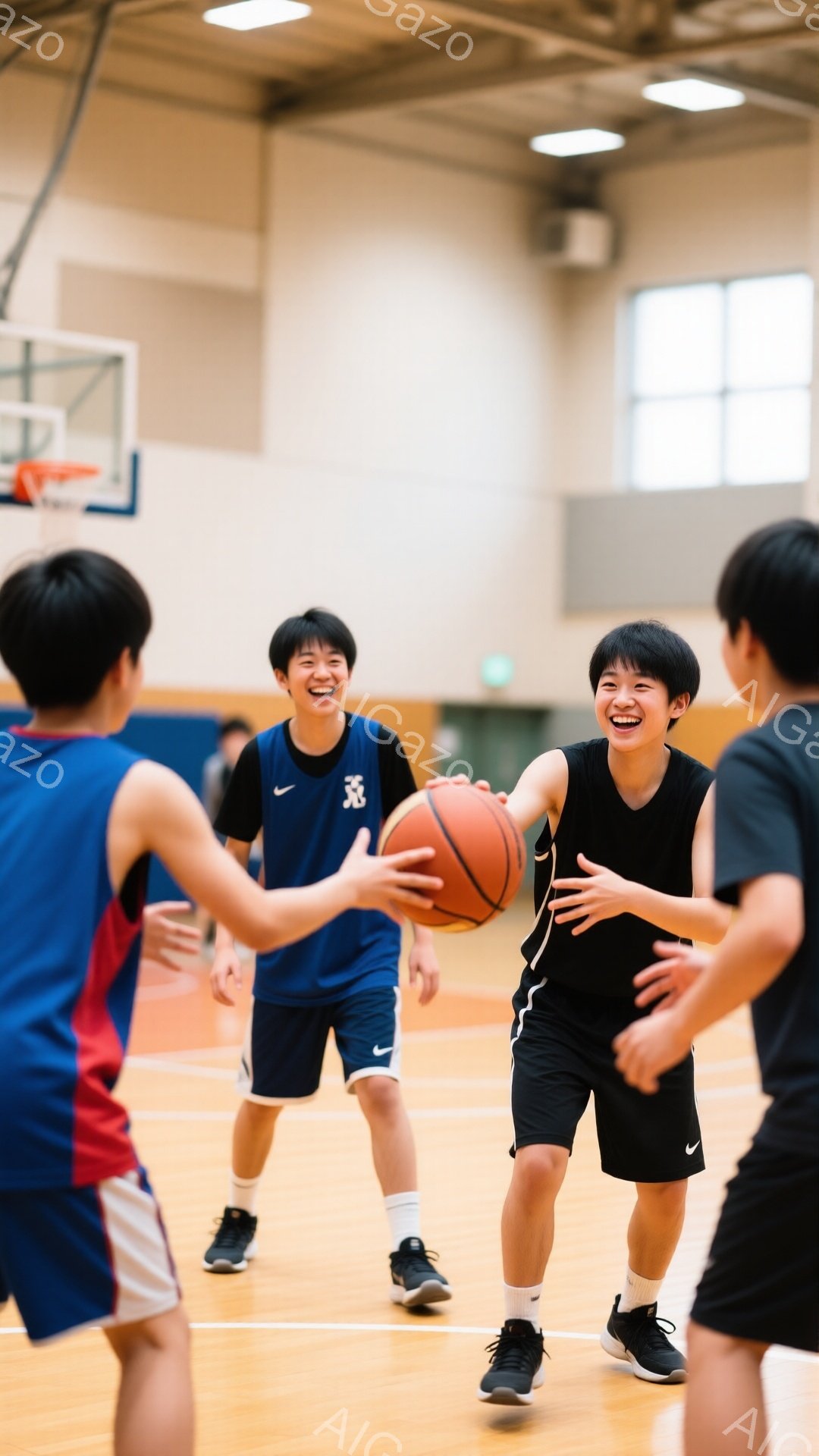 体育館の床で、少年たちがバスケットボールをめぐって競い合っています。黒いタンクトップとショーツを着た少年は、ボールを両手で抱え、笑顔で他の選手たちと向き合っています。青いユニフォームを着た少年たちは、ボールを奪おうと手を伸ばし、活気のある雰囲気が伝わってきます。