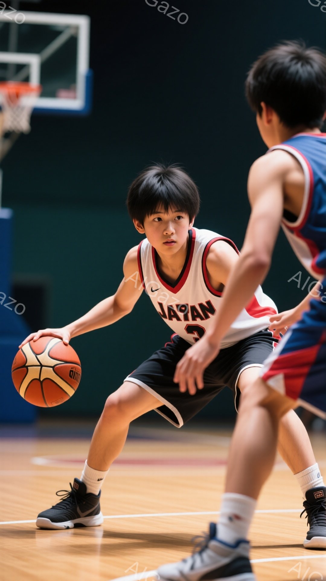 黒髪の少年がバスケットボールを持ってドリブルしている写真です。赤い縁取りのある白いユニフォームに「JAPAN」と書かれており、黒のショートパンツとバスケットボールシューズを履いています。背景は体育館の木製の床で、他の選手も写っており、試合の緊張感が伝わってきます。