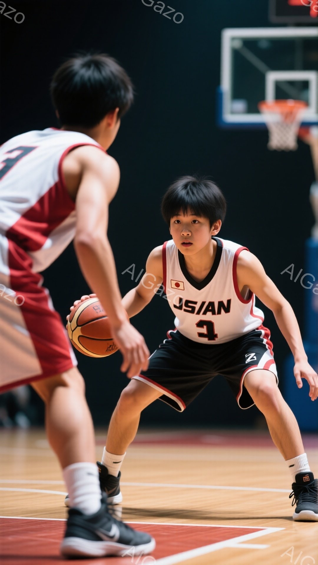 バスケをする少年が写っている。少年は黒いヘアスタイルで、集中した表情でドリブルをしている。背景にはバスケットゴールが見え、体育館の床の木目が確認できる。 - AI生成フリー素材