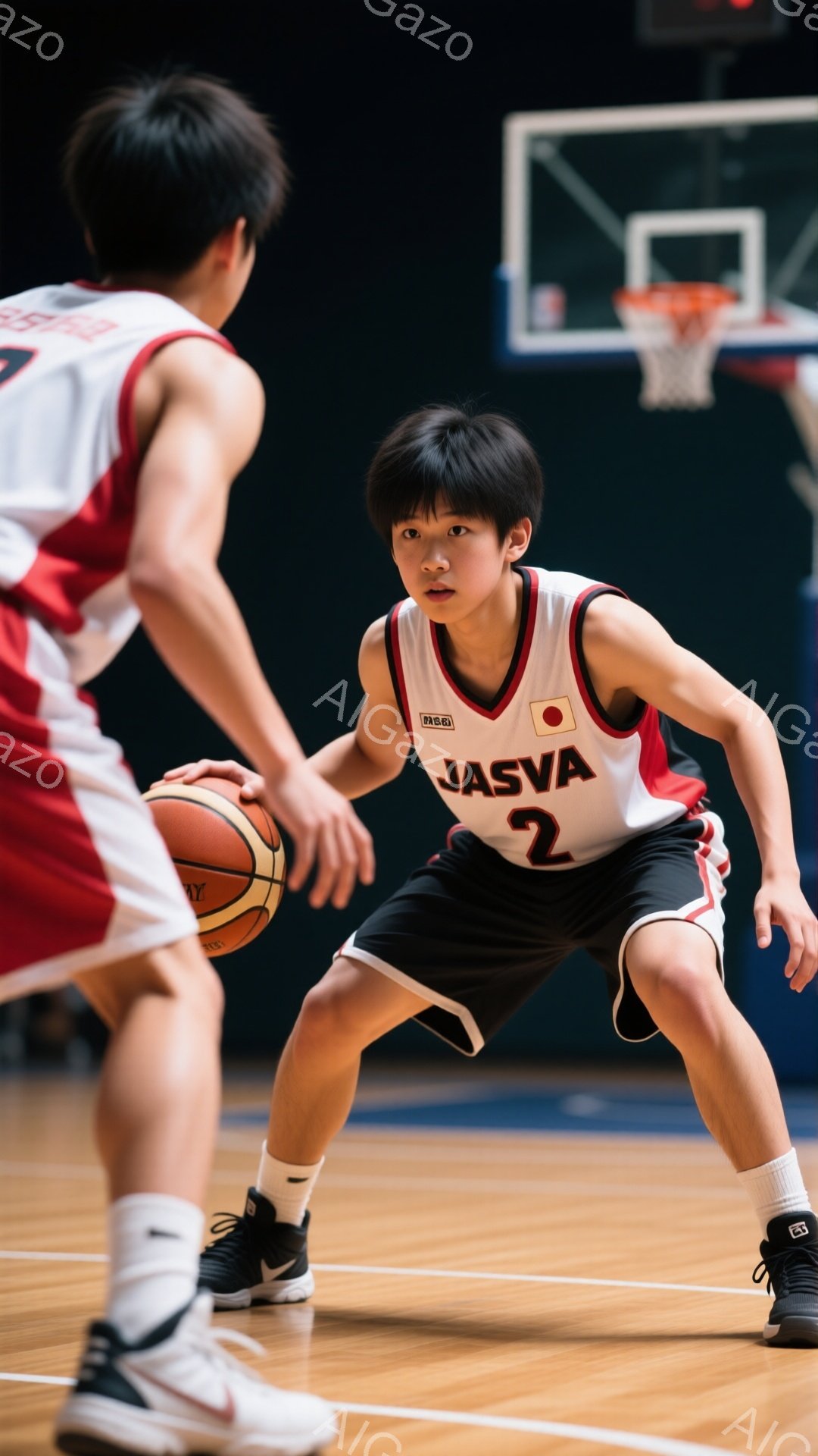 バスケットボールコートに立つ少年は、黒と赤のユニフォームを着用し、背番号2を付けている。少年は少し緊張した表情で、ドリブルの準備をしているような姿勢で、ボールを見つめている。背景には、バスケットゴール - AI生成フリー素材