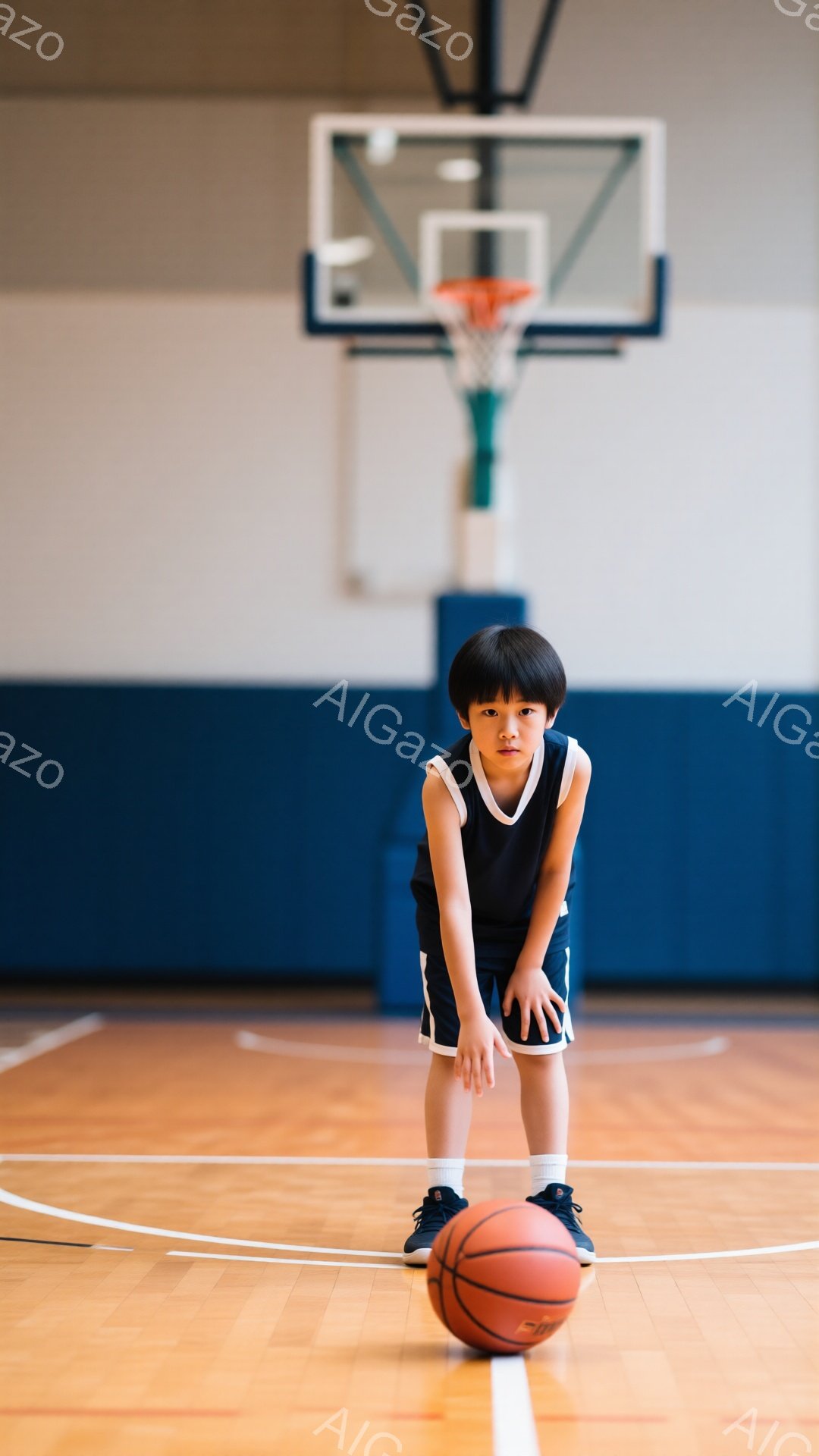少年のバスケットボール選手が体育館の中心に立っており、膝を曲げてボールを見つめている。黒いタンクトップとショーツ、白いソックス、そして青いスニーカーを着用し、真剣な表情を浮かべている。背景にはバスケッ - AI生成フリー素材