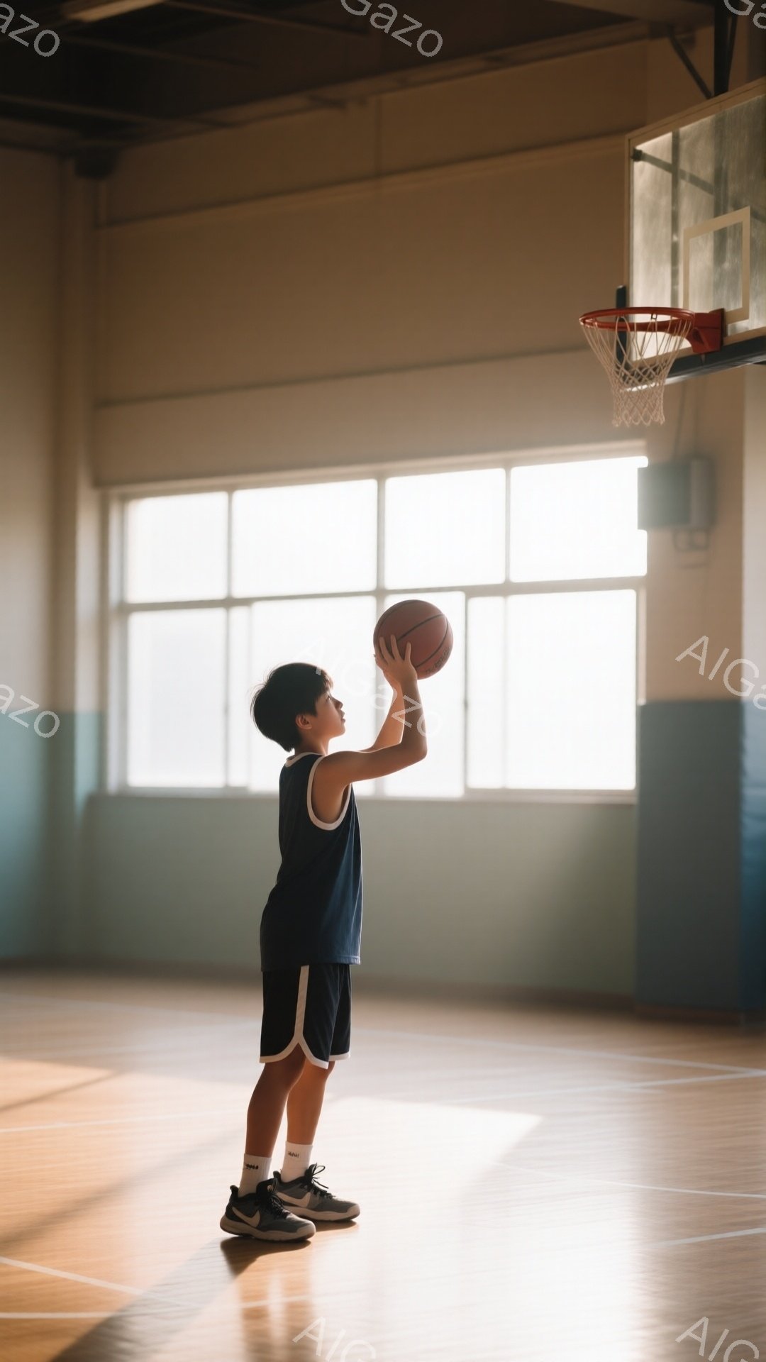 若い少年がバスケットボールコートでシュートの練習をしている。彼は濃い青色のノースリーブシャツと短いパンツ、そして白いソックスとスニーカーを履いている。背景には窓から差し込む強い光があり、体育館の床に影 - AI生成フリー素材