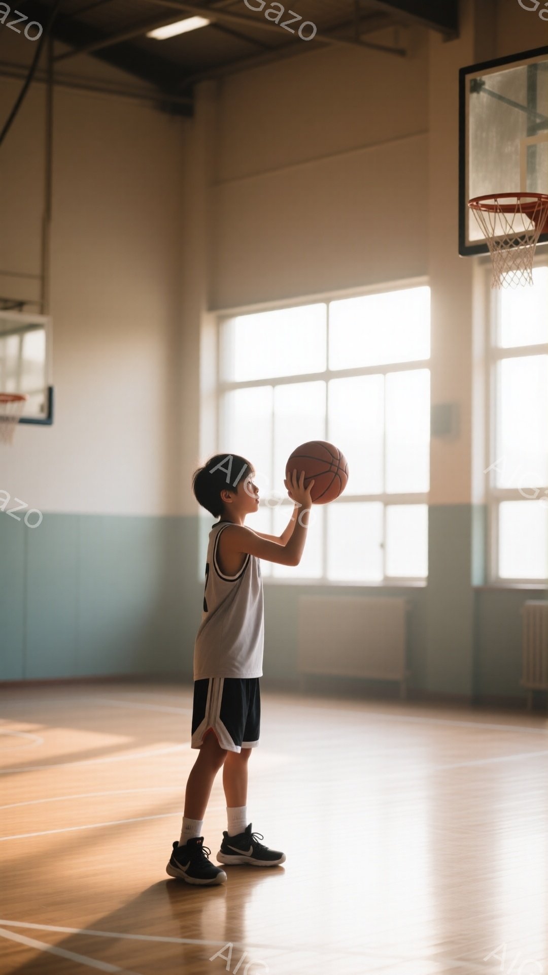バスケットボールコートの中央に少年が立っており、オレンジ色のボールを片手で高く掲げています。少年は白いタンクトップと黒いショーツ、そして黒のスニーカーを着用しており、短髪です。背景には窓から差し込む光 - AI生成フリー素材