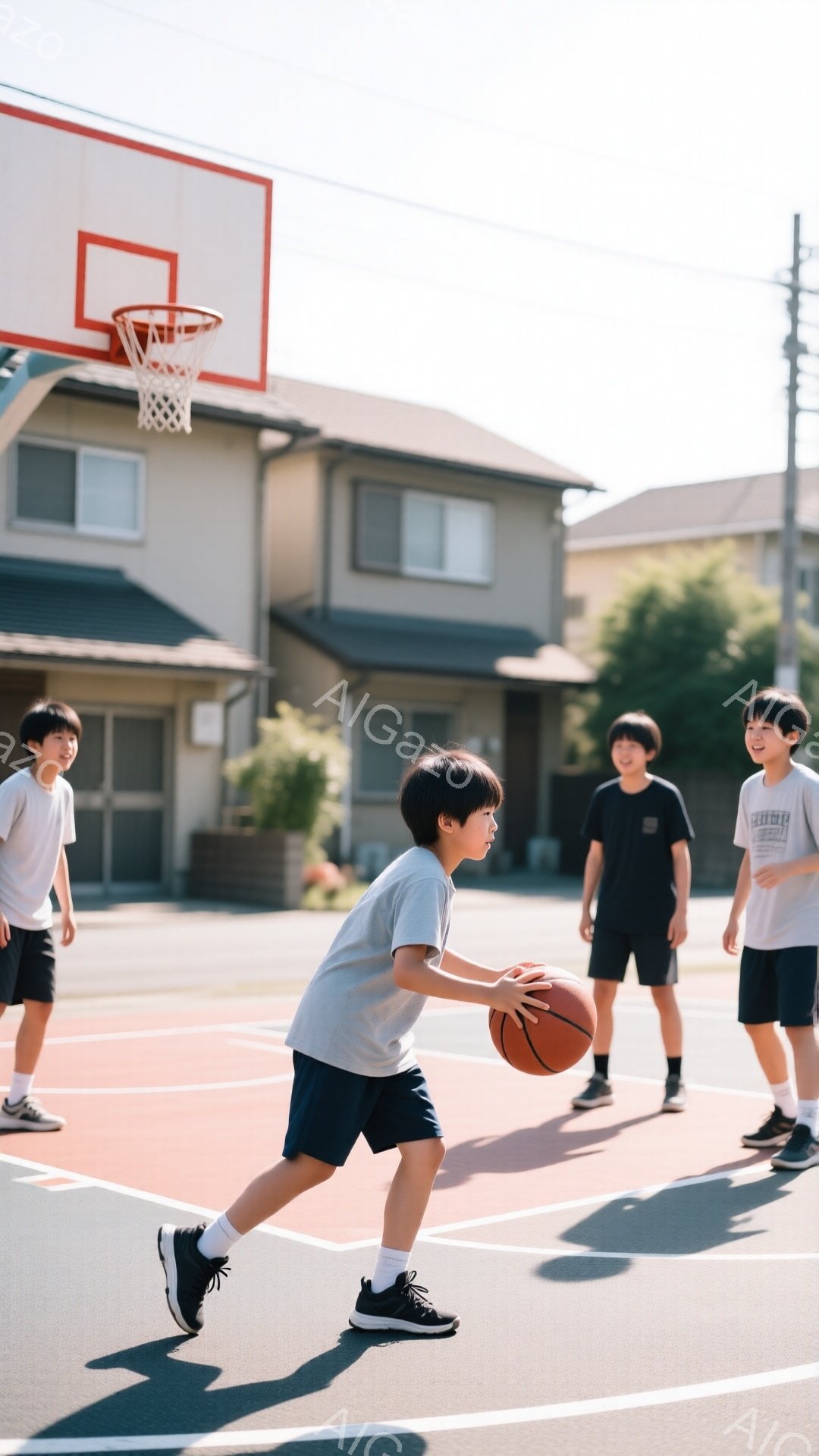 少年たちが屋外のバスケットボールコートでバスケットボールをしている様子が写っています。彼らは皆、Tシャツと短パン姿で、一人がドリブルしながらコートを走り、他の二人はその様子を見守っています。背景には住宅と青空が見え、晴れた日の明るい雰囲気が伝わってきます。
