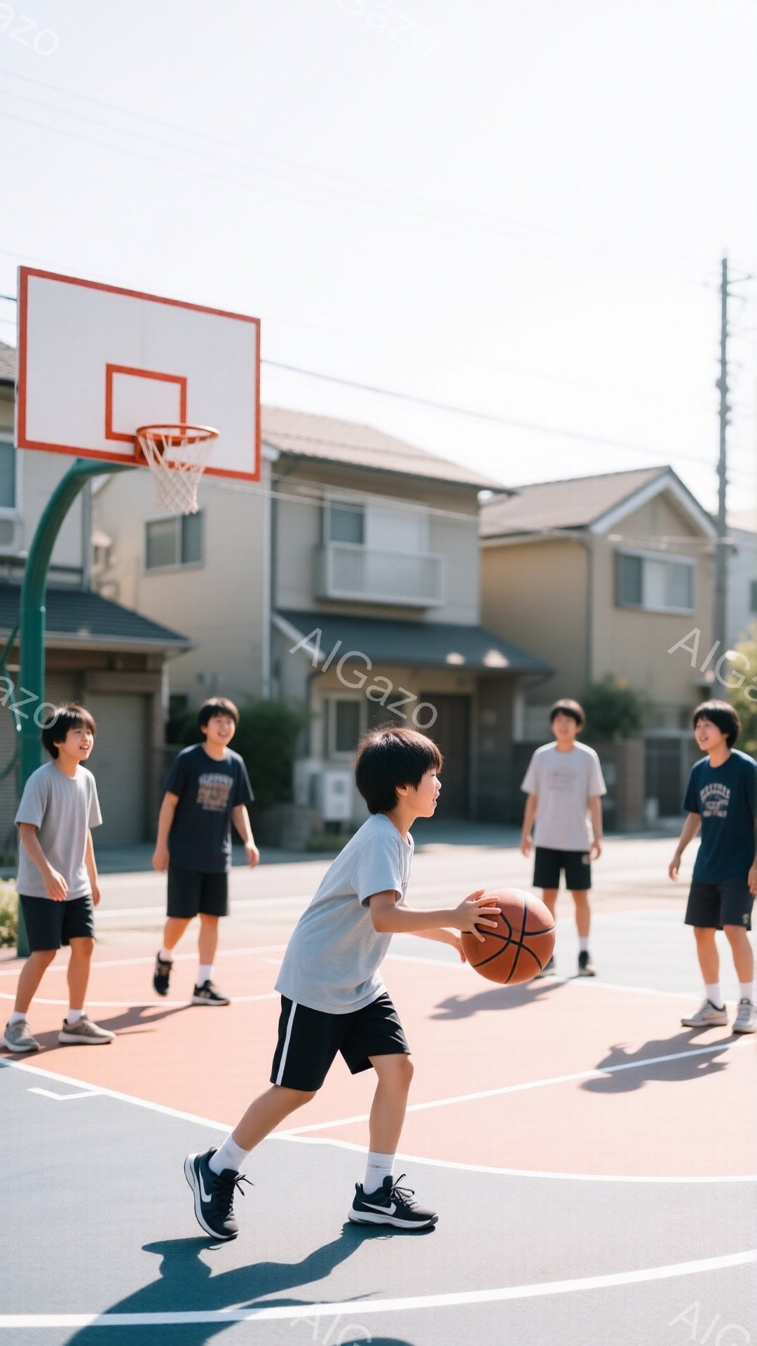 少年たちが屋外のバスケットボールコートでバスケットボールをしている写真です。一人の少年はボールを持ってドリブルをしており、他の少年たちはコートに立って彼のプレーを見守っています。背景には住宅が並び、晴れた空と緑の木々が見え、穏やかで明るい雰囲気です。