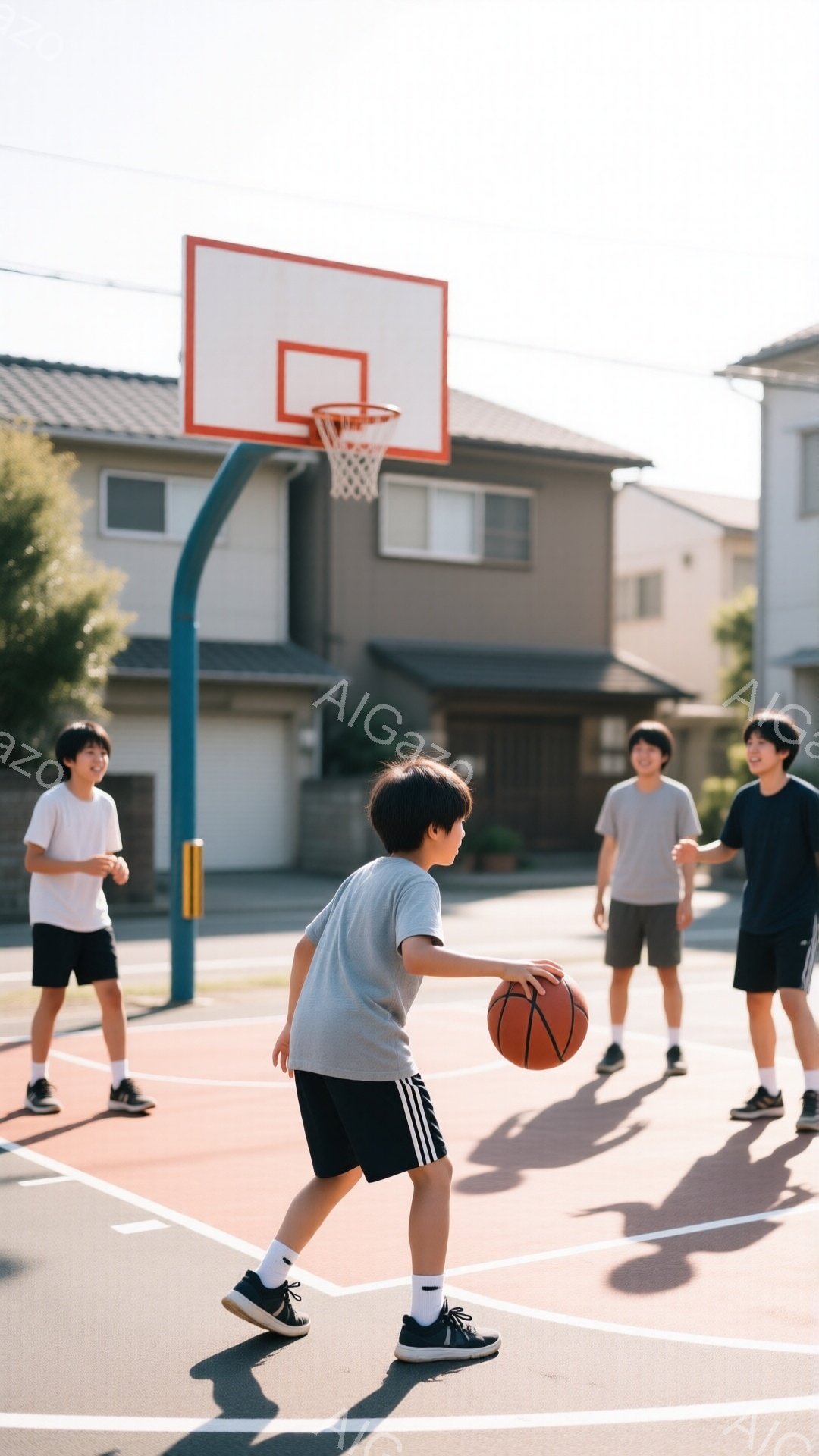 少年たちは屋外のバスケットボールコートでバスケットボールをしている。一人の少年はボールを持ってドリブルをしており、他の二人は彼を見ている。背景には住宅と少し緑が見え、晴れた日の穏やかな雰囲気が漂っている。