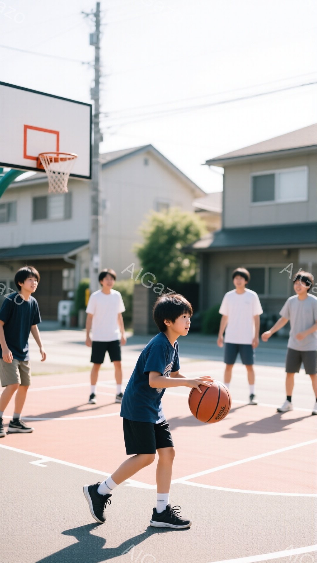 少年たちが屋外のバスケットボールコートでバスケットボールをしている様子が写っている。青いTシャツと黒いショーツを着た少年がボールを持ってドリブルしており、他の少年たちはコート上で動き回っている。背景には住宅と木々が見え、晴れた日の穏やかな雰囲気が漂っている。