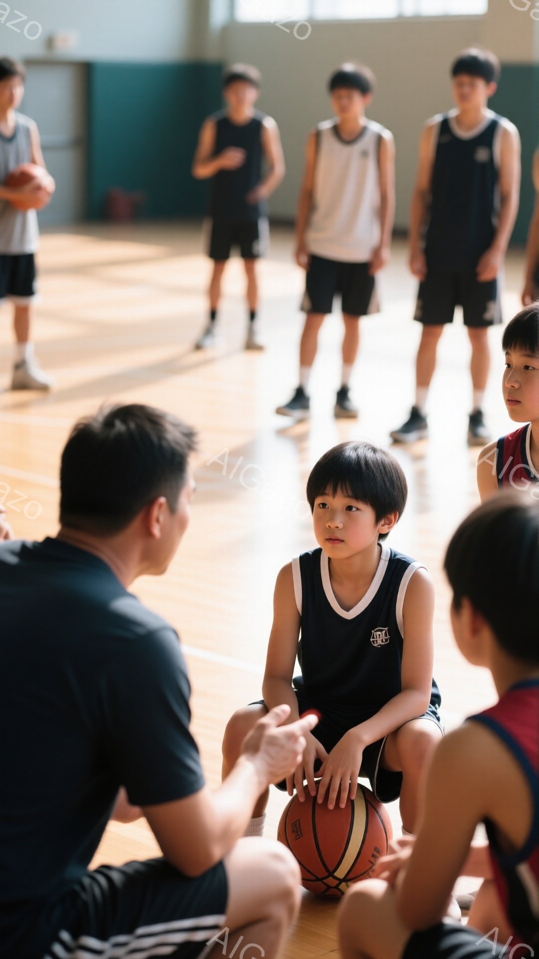 体育館の床に少年たちが円になって座り、バスケットボールを囲んでいる。中央の少年は黒いユニフォームを着ており、コーチらしき男性が何かを説明している様子が見られる。背景には他の少年たちがおり、全体的に活気があり、バスケットボールの練習風景が伝わってくる。