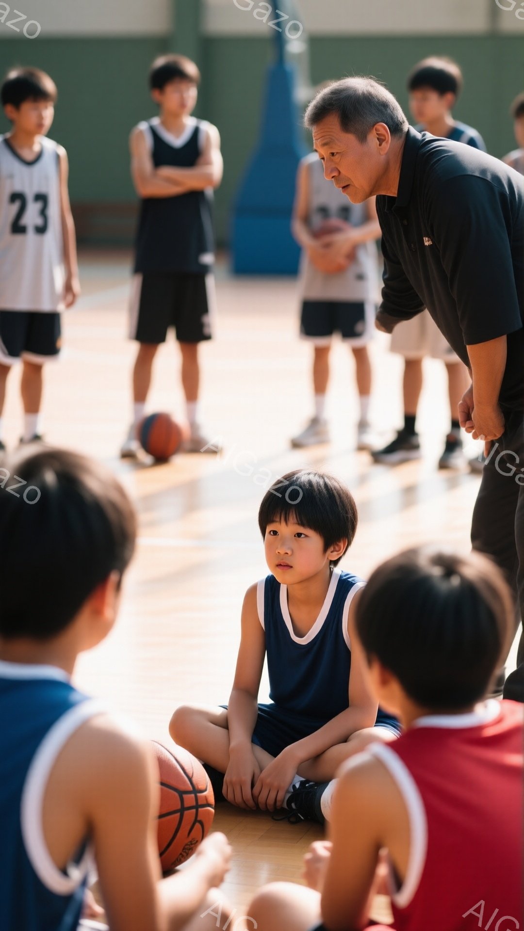 バスケの練習風景で、少年が地面に座り、やや不安そうな表情を浮かべている。周りには同じようにユニフォームを着たチームメイトたちが座っており、年配のコーチが少年に何かを話しかけているようだ。体育館の床は木製で、背景にはぼんやりと他の少年たちが立っているのが見える、練習の合間の少し真剣な雰囲気が伝わってくる。