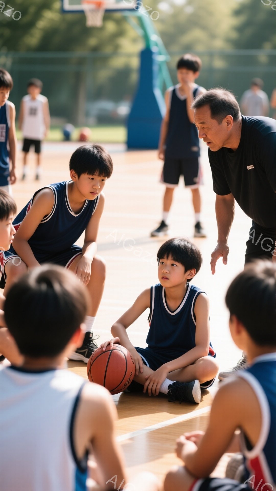 バスケットボールコートに少年たちが輪になって座り、コーチらしき男性が何かを説明している様子が写っています。少年たちは紺色のタンクトップとハーフパンツ姿で、真剣な表情でコーチの話を聞いています。背景には青空と緑の木々が見え、晴れた日の屋外での練習風景であることがわかります。
