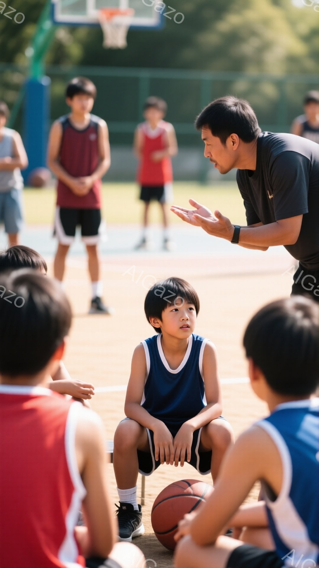 バスケットボールコートにいる少年たちが円になって座っており、コーチらしき男性が身振り手振りで説明しています。少年たちは皆、バスケットボールのユニフォームを着ており、髪型は短く、表情は真剣なものから少し退屈そうなものまで様々です。背景には木々が見え、晴れた日の屋外での練習風景であることが分かります。