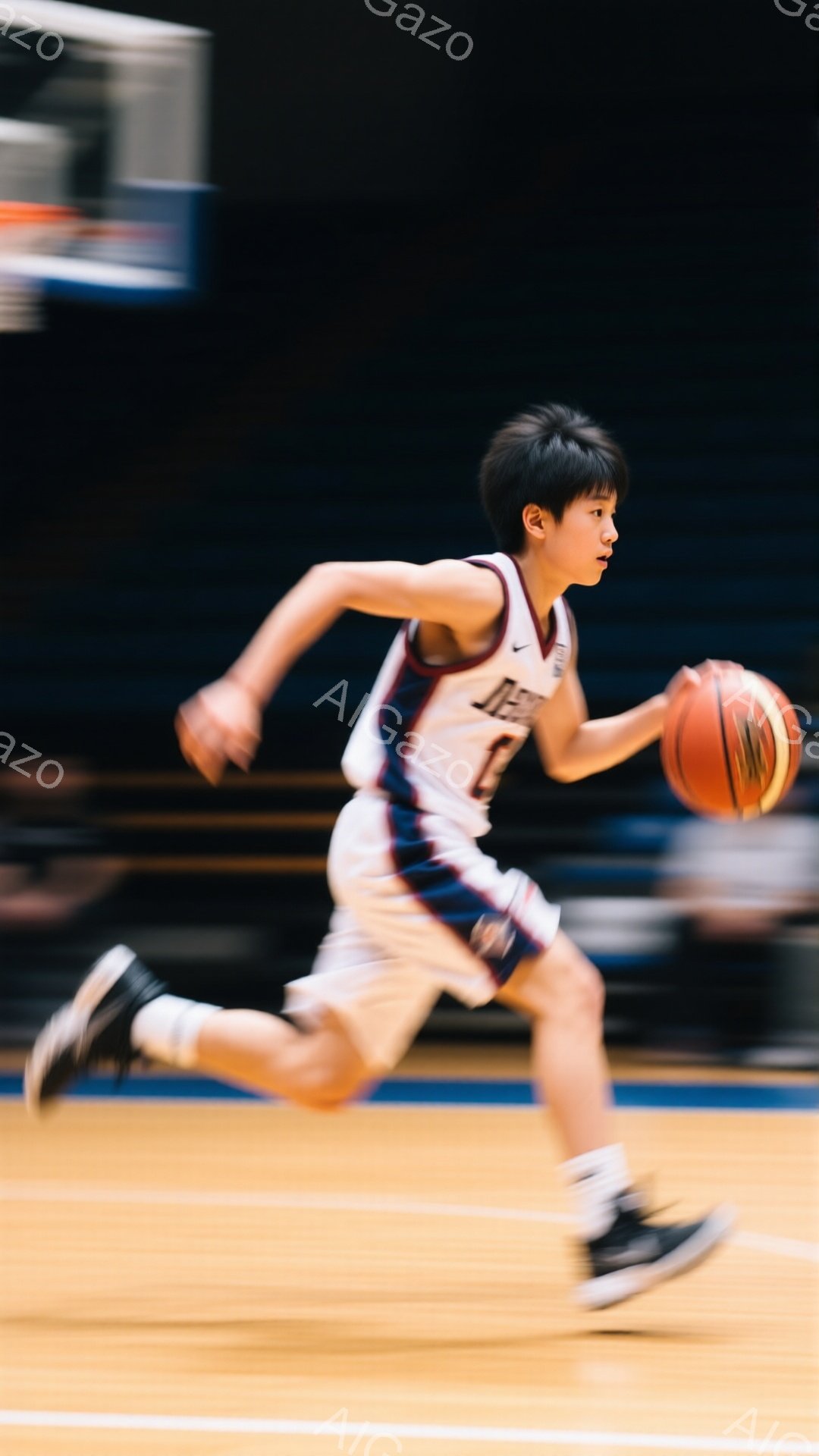 黒髪の少年がバスケットボールを持って走り、ドリブルしている様子が捉えられています。赤いタンクトップと黒いショートパンツを着用し、左手でボールをコントロールしながら、勢いよく前進しています。背景はバスケットボールコートで、ぼやけていることから、動きの速さが強調されています。