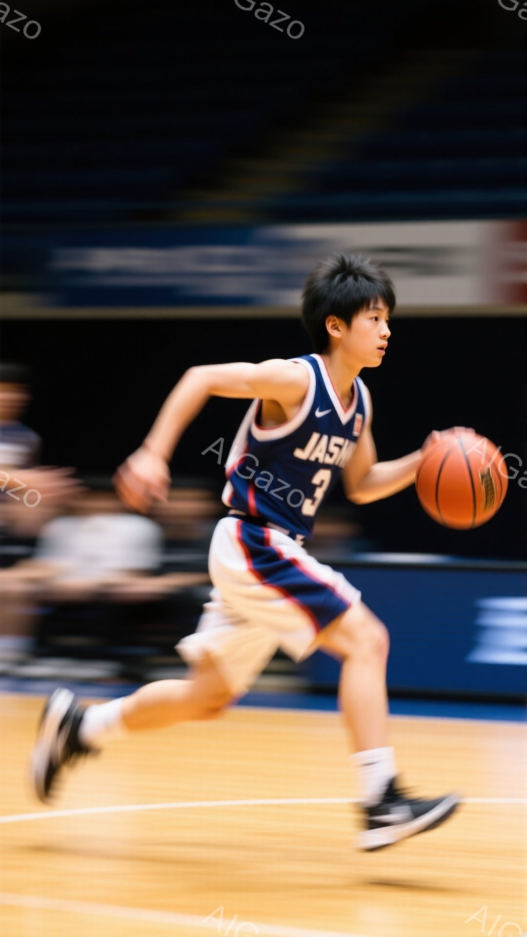 この画像は、バスケットボールコートでドリブルしている若い男性の選手を捉えています。彼は紺色のジャージとベージュのショーツを着用し、黒い髪は短く整えられています。動きの速さから背景はぼやけていますが、体育館のような室内であることがわかります。