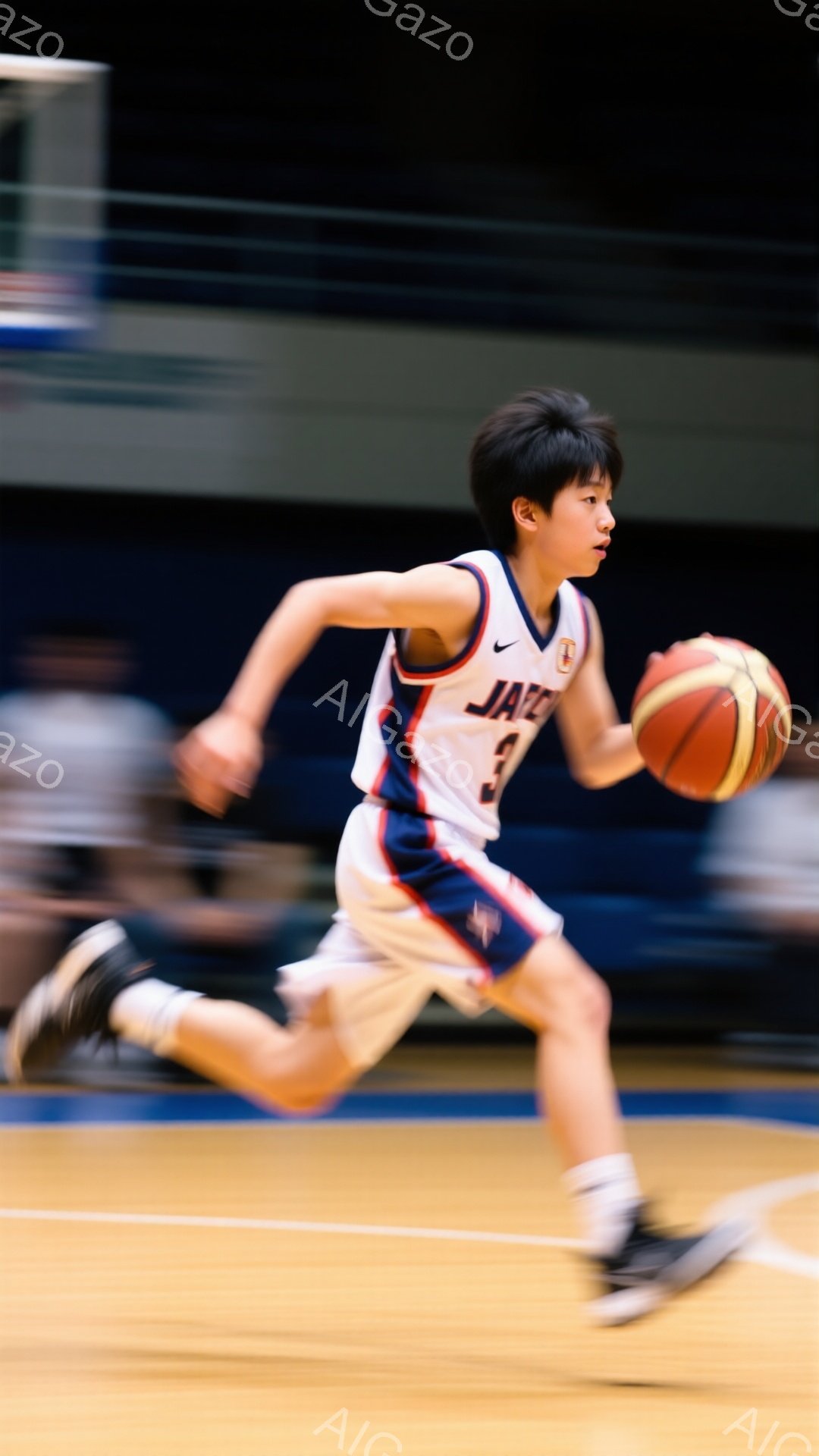 少年はバスケットボールを持ってコートを走っている。赤、白、青のユニフォームを着ており、背中には「JAZZ」という文字と背番号が書かれている。背景はぼやけており、体育館の床が明るい木目調で、活気のあるス - AI生成フリー素材