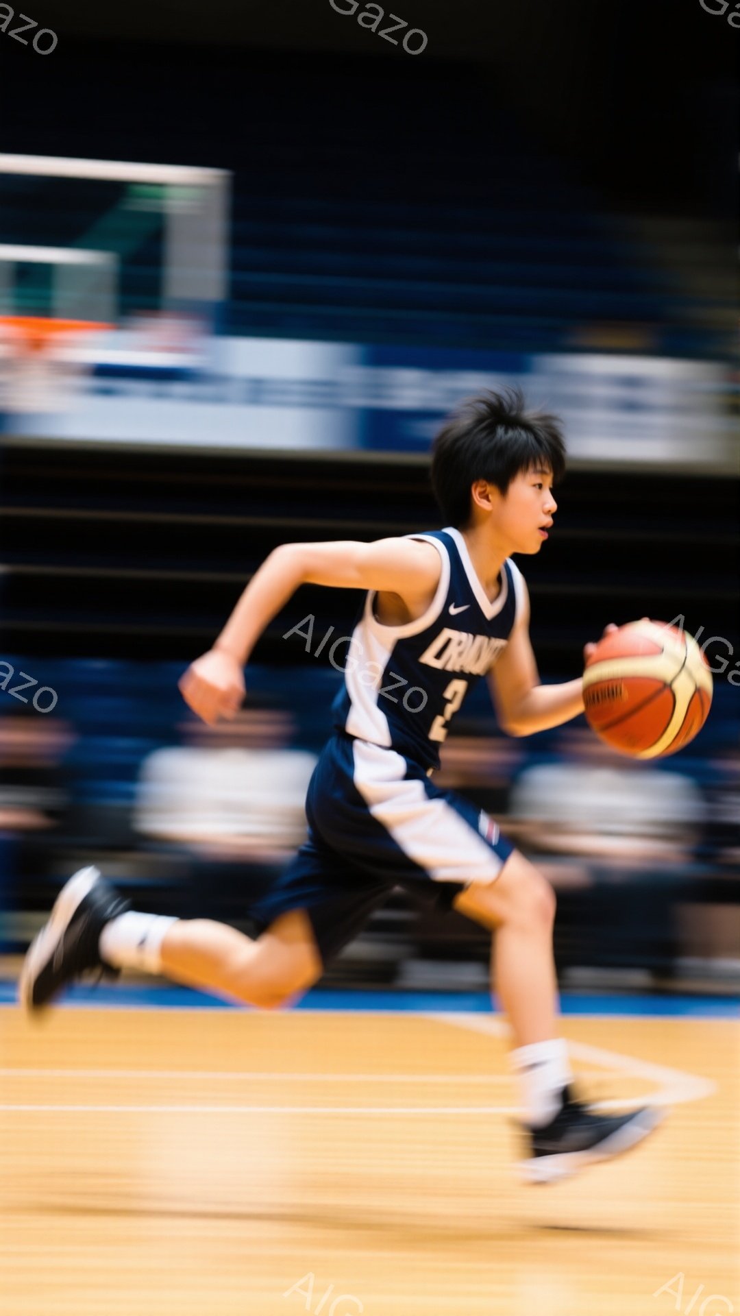 少年はバスケットボールを持ってコートを走っている。紺色と白のユニフォームに、黒いバスケットボールシューズを履いている。背景はぼやけており、体育館の観客席と床が見える、躍動感のある瞬間を捉えた写真だ。