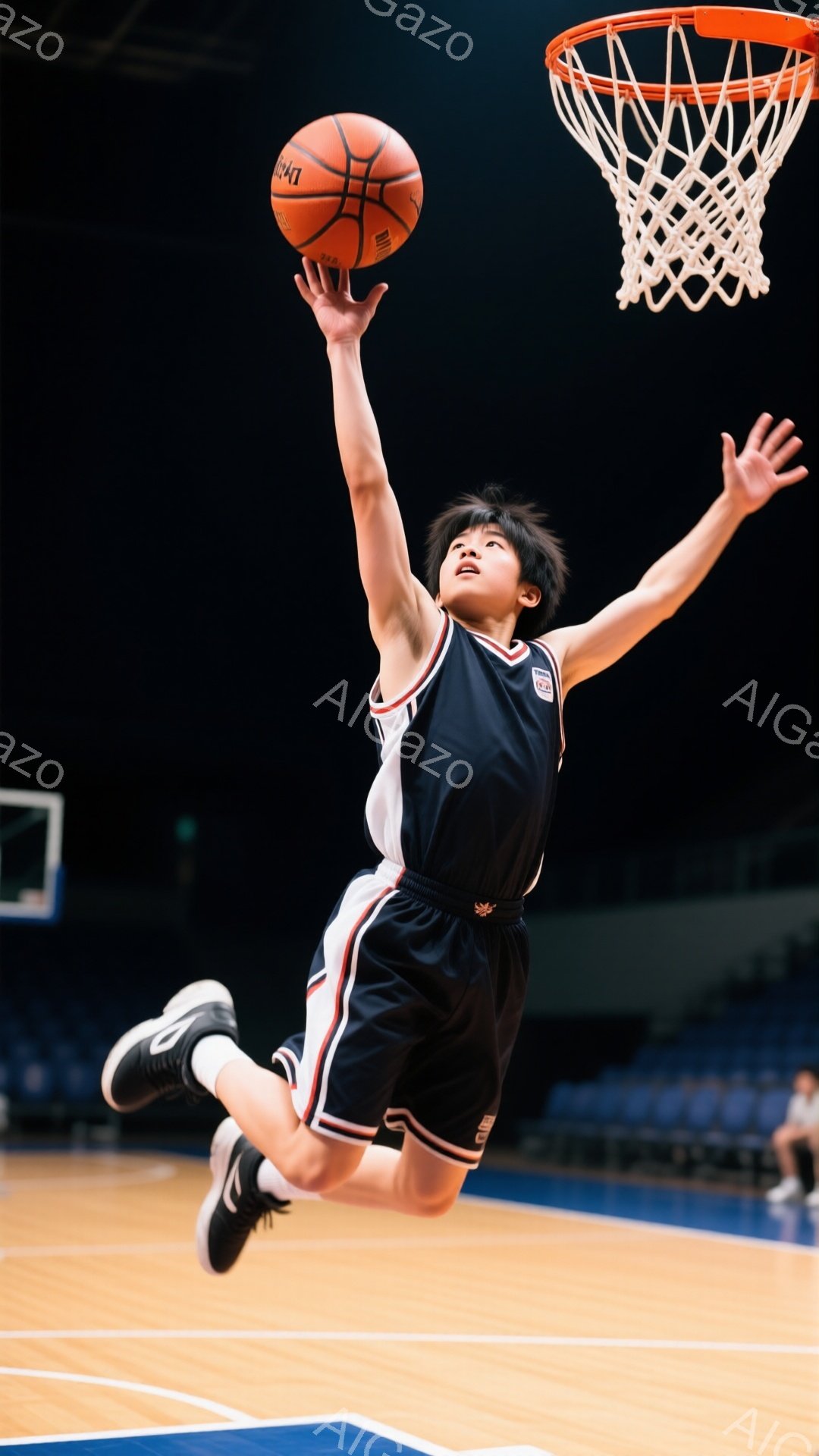 黒いバスケットボールユニフォームを着た少年が、空中高くジャンプしてシュートを放とうとしている。彼の髪型は短く、真剣な表情でゴールを目指している。背景はバスケットボールコートで、観客席にはぼんやりと人が見え、活気のある競技場の雰囲気が伝わってくる。