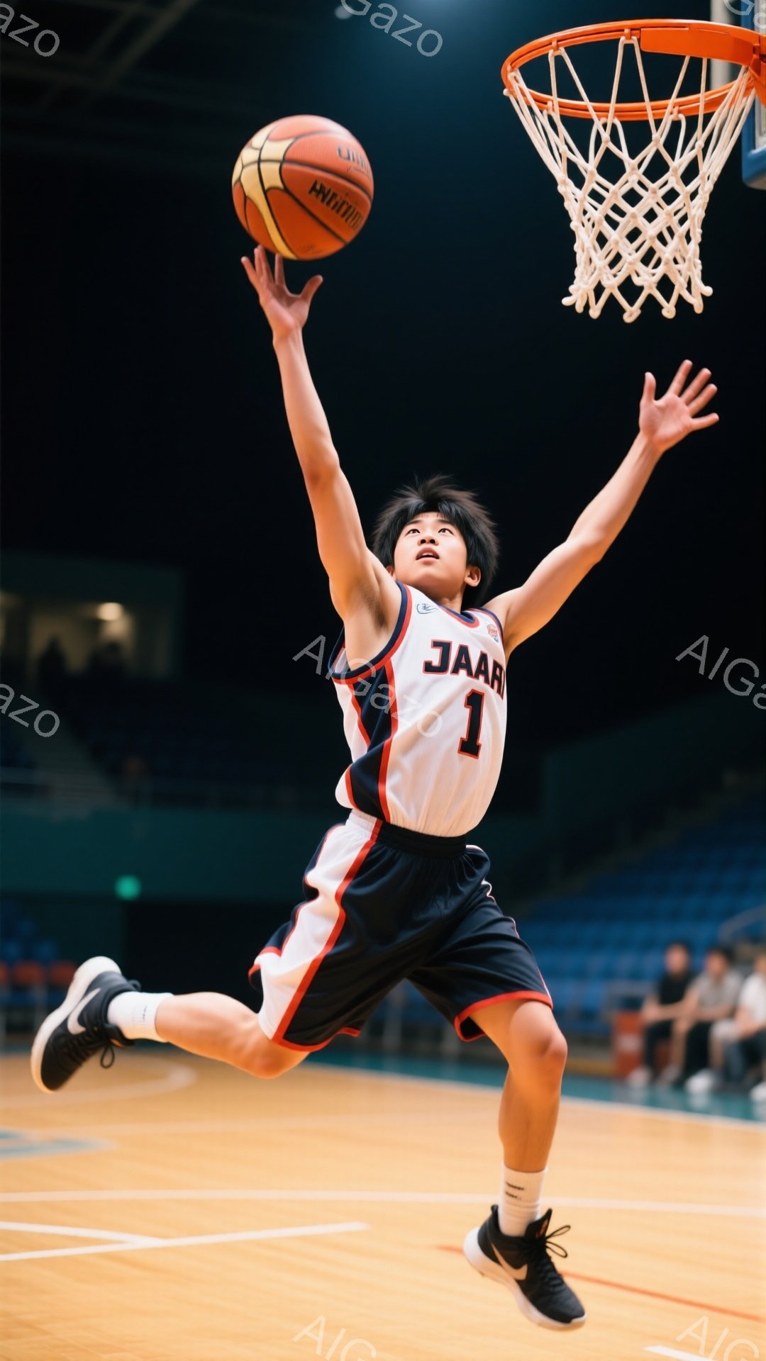 バスケをする少年が写っています。赤と白のユニフォームに「JAAR」と背番号1が書かれており、黒いショートパンツと白いスニーカーを履いています。少年はジャンプしてバスケットボールをリングに向かって放り投 - AI生成フリー素材