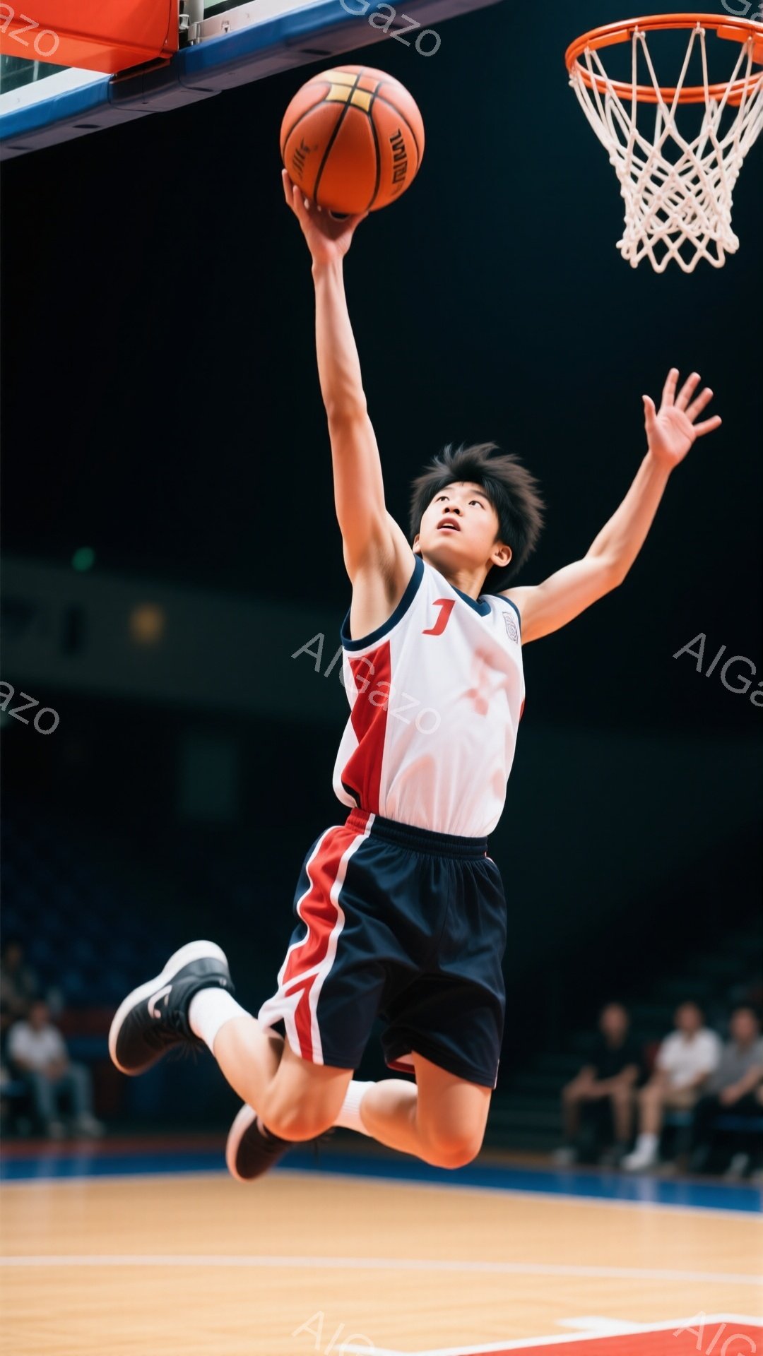 バスケットボール選手がジャンプシュートを放つ瞬間を捉えた写真です。彼は赤、白、青のユニフォームを着ており、黒髪を少し伸ばしたヘアスタイルです。背景にはぼやけた観客席が見え、体育館のような室内空間であることがわかります。