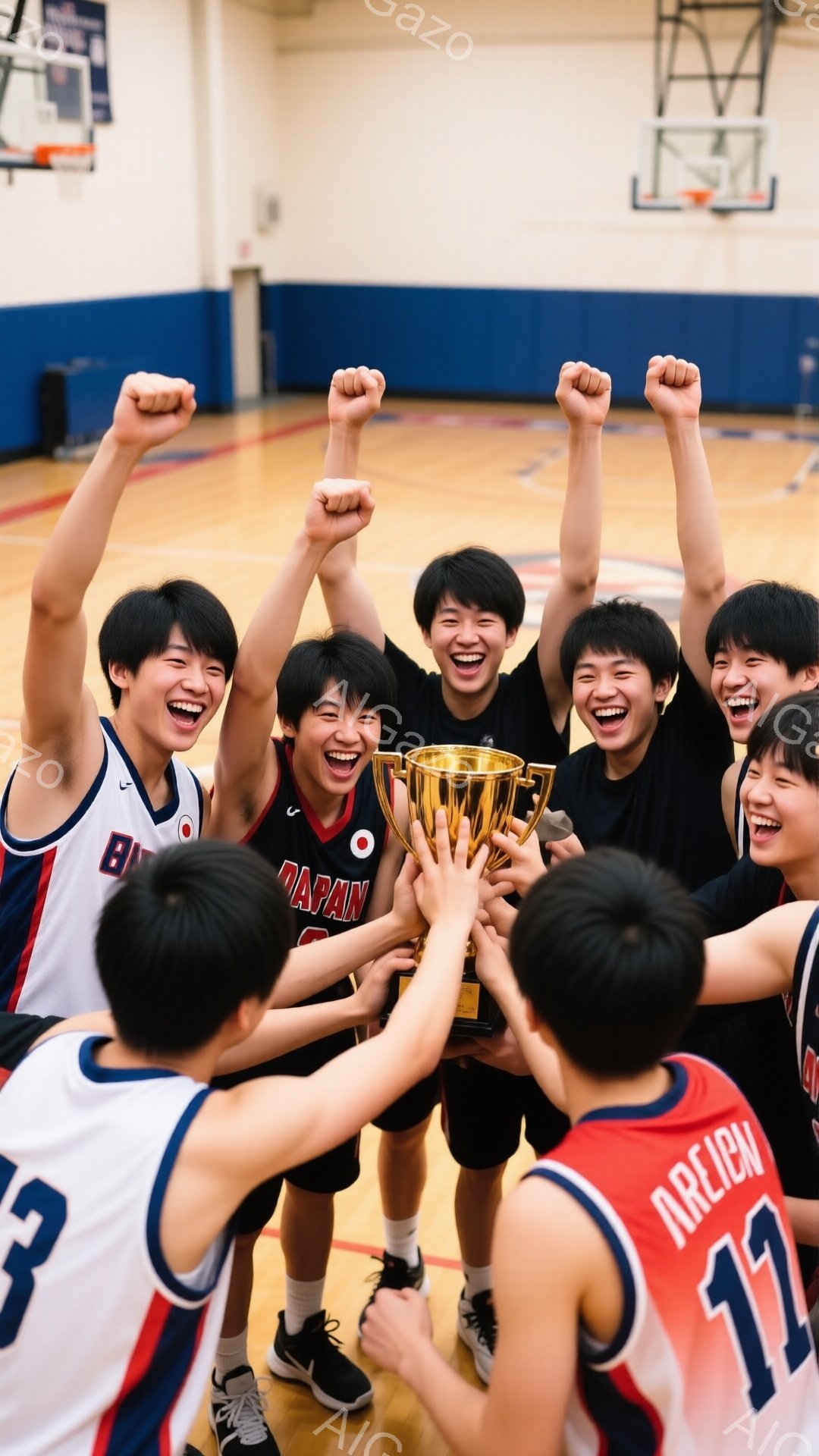 バスケユニフォームを着た少年たちが、勝利のトロフィーを掲げて歓喜しています。彼らは皆、興奮した表情で、腕を高く上げ、喜びを分かち合っています。背景は体育館で、バスケットボールのゴールや床が見え、活気に満ちた勝利の瞬間を捉えています。