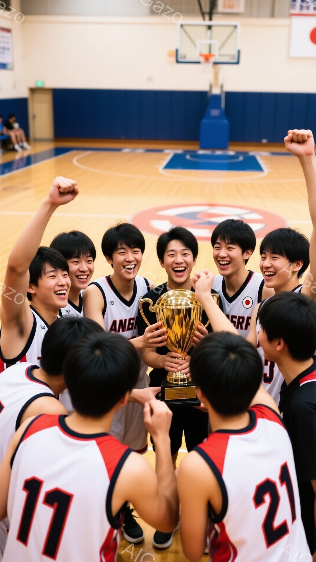 バスケのユニフォームを着た少年たちが、金色のトロフィーを掲げて喜びを爆発させている様子が写っています。彼らは皆、短髪で、顔には勝利の笑顔が溢れ、腕を高く上げて興奮を表現しています。背景はバスケットボールコートで、コートには彼らの熱狂的な瞬間を捉えた写真が広がっています。