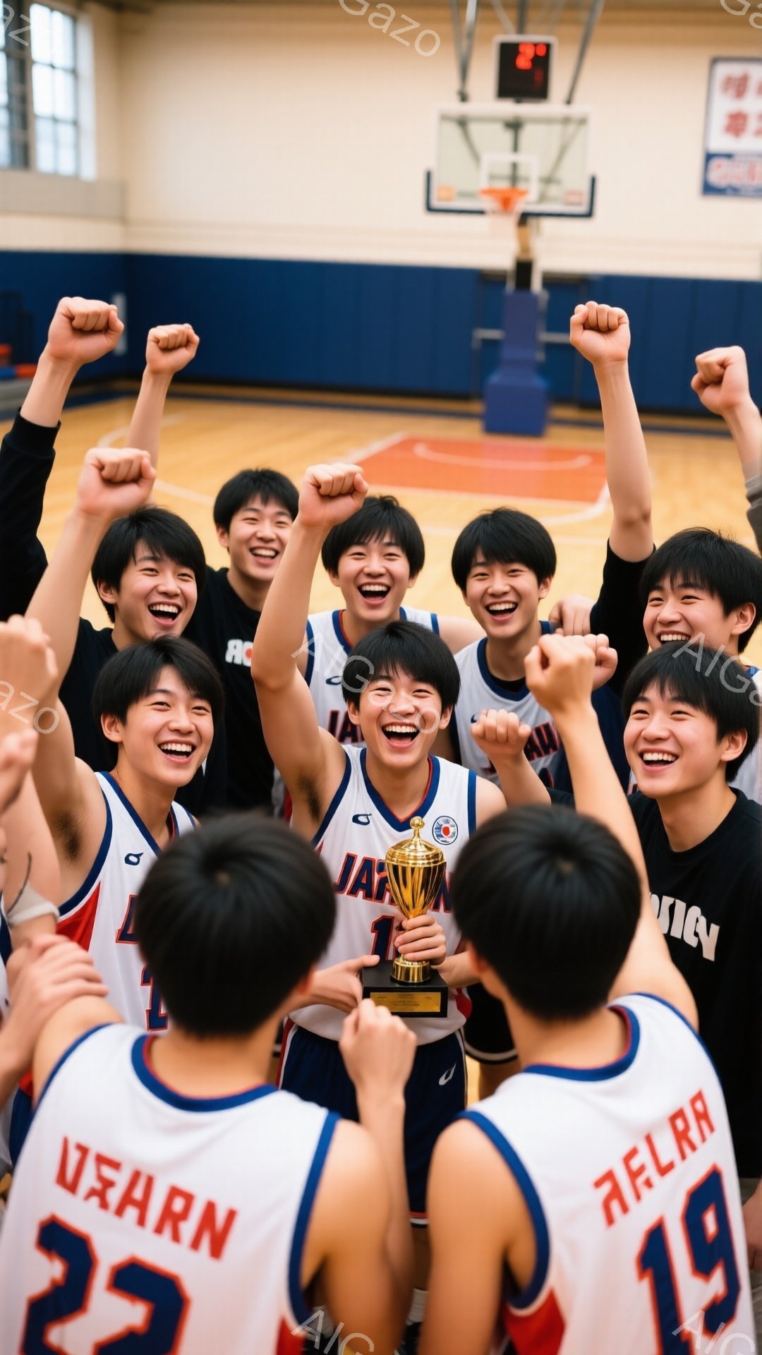 バスケのユニフォームを着た少年たちが、勝利を喜び、腕を高く上げて叫んでいます。彼らは皆笑顔で、中心にいる少年は金色のトロフィーを高く掲げています。背景にはバスケットボールコートがあり、観客席やゴールが見え、明るく活気のある雰囲気です。