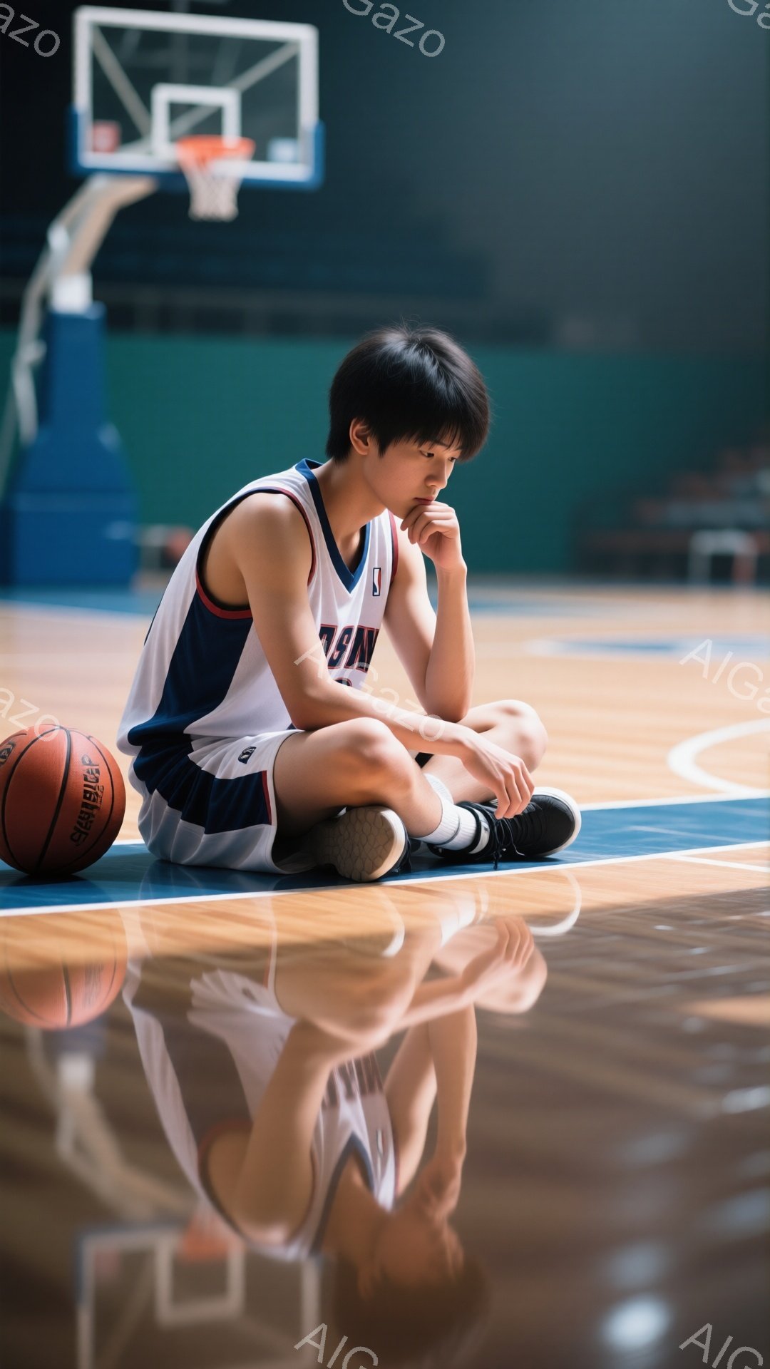 若い男性がバスケットボールコートに座り込み、膝を抱えてうつむいています。彼は白いタンクトップと濃い色の短パンを身につけ、黒いヘアスタイルです。背景にはバスケットゴールがあり、光沢のある木製の床が彼の姿を映し出しています。