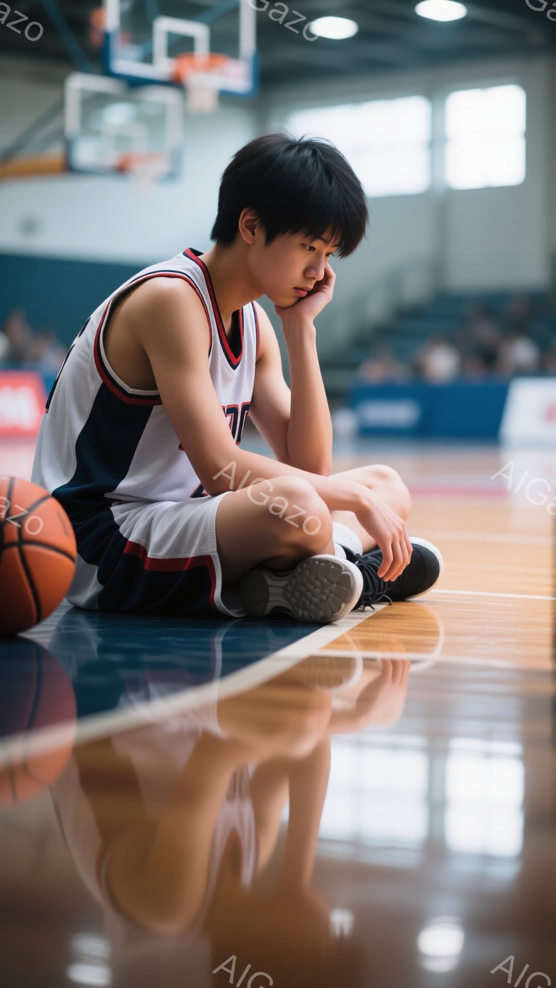 バスケットボールコートに座り込んでいる少年が写っている。黒髪で、前髪が少し長めに伸びており、少しうつむき加減で表情は寂しげだ。赤いストライプが入ったバスケットボールウェアとスニーカーを着用し、膝を抱え込み、彼の隣にはバスケットボールが置かれている。