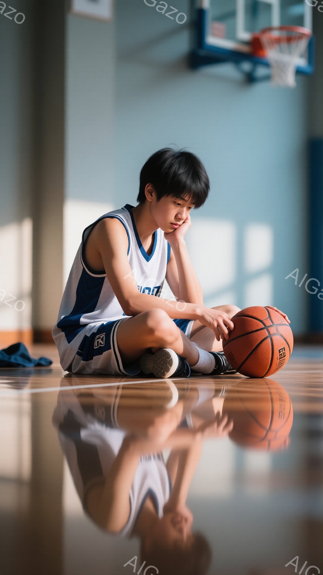 少年はバスケットボールコートに座り、膝を抱え、オレンジ色のボールを見つめている。彼は白い肌に黒髪で、バスケットボールのユニフォームを着ている。コートは磨かれて光沢があり、天井にはバスケットゴールが見え、全体的に静かで内省的な雰囲気が漂っている。