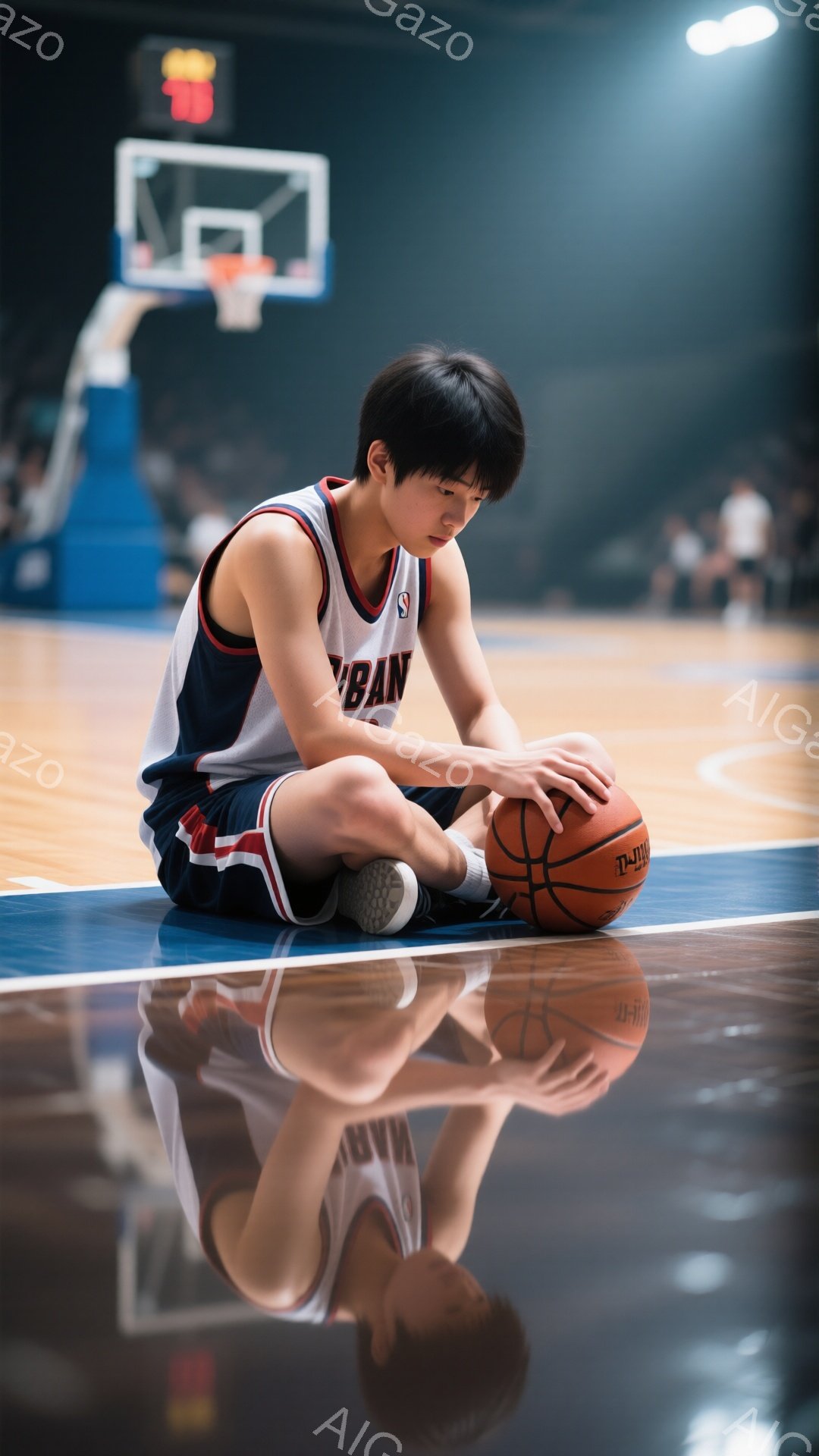 少年はバスケットボールコートの中央に座り込み、膝の上にボールを抱えている。黒髪のヘアスタイルで、やや伏し目がちで憂いを帯びた表情をしている。背景にはぼやけた観客席とバスケットゴールが見え、コートの床は光沢があり、全体的に寂しげで内省的な雰囲気が漂っている。