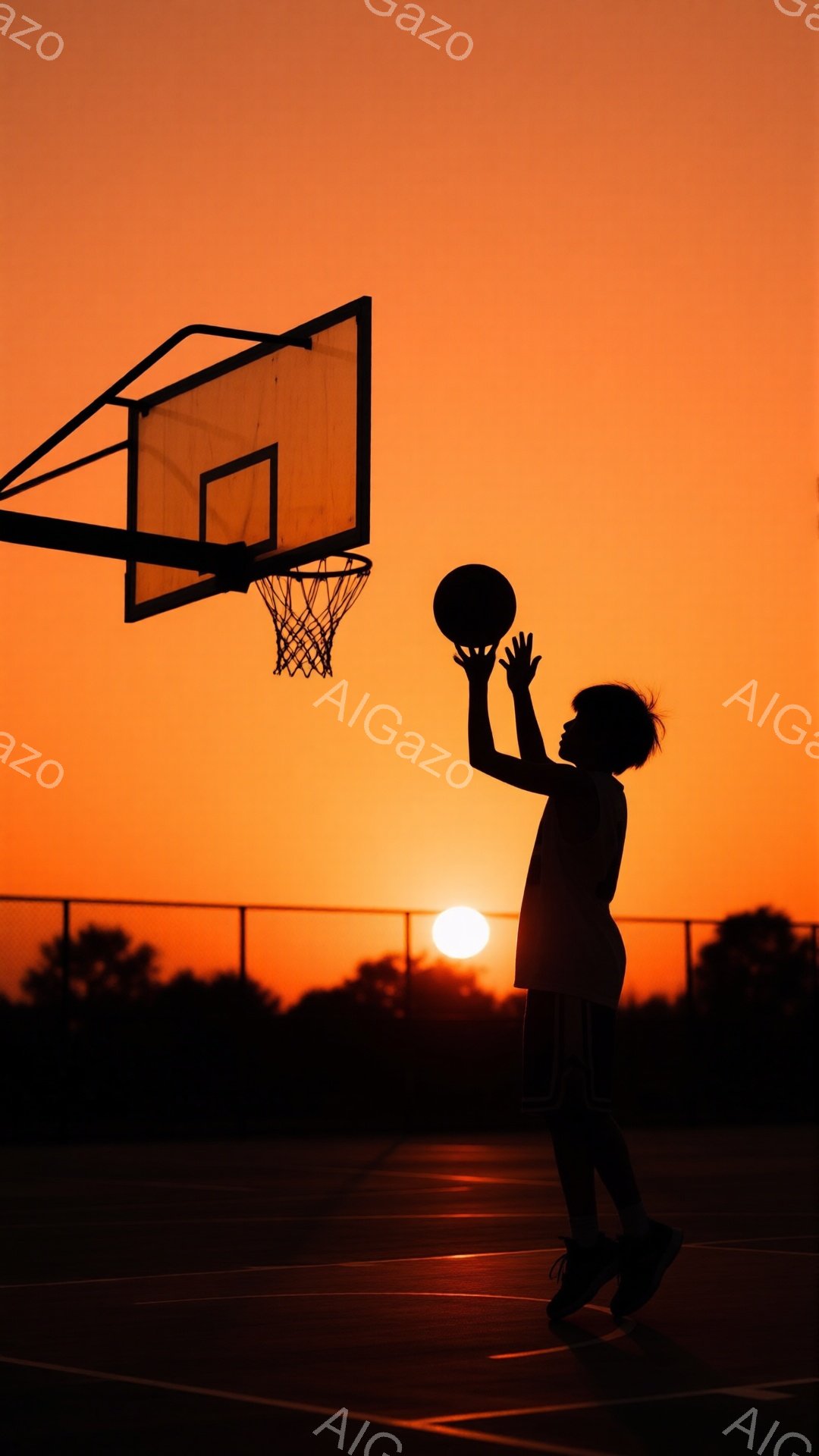 夕焼けを背景に、バスケットボールコートでシュートを放つ人物のシルエットが印象的な写真です。人物は短髪で、Tシャツと短パン姿で、片手にボールを持ち、シュートの姿勢をとっています。背景は鮮やかなオレンジ色の夕焼け空で、遠くには木々が見え、温かく力強い雰囲気が漂っています。