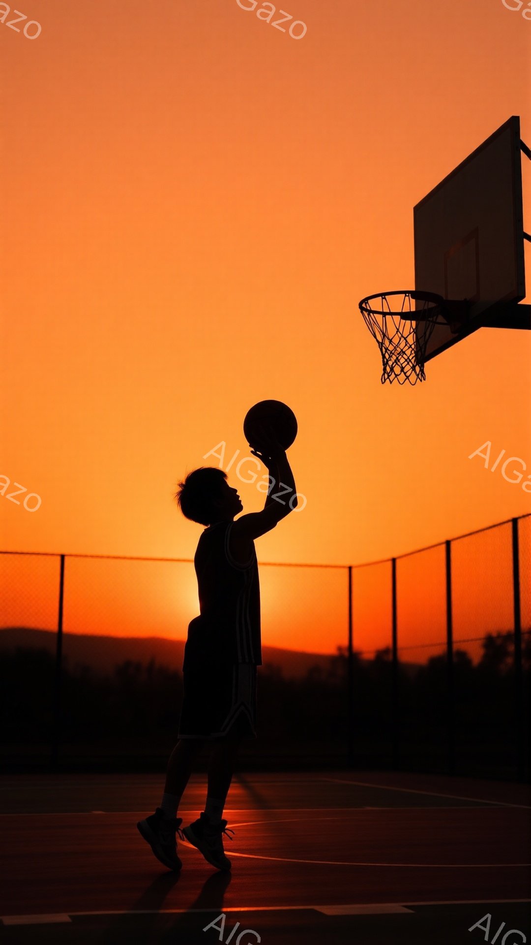 シルエットで描かれたバスケットボール選手が、ゴールに向かってシュートを放つ瞬間を捉えた写真です。選手はバスケットボールウェアと短パンを着用し、短髪で、空に向かって伸びる躍動的なポーズをとっています。背景は夕焼けに染まった空と、フェンスで囲まれたバスケットボールコートで、温かく力強い雰囲気を醸し出しています。