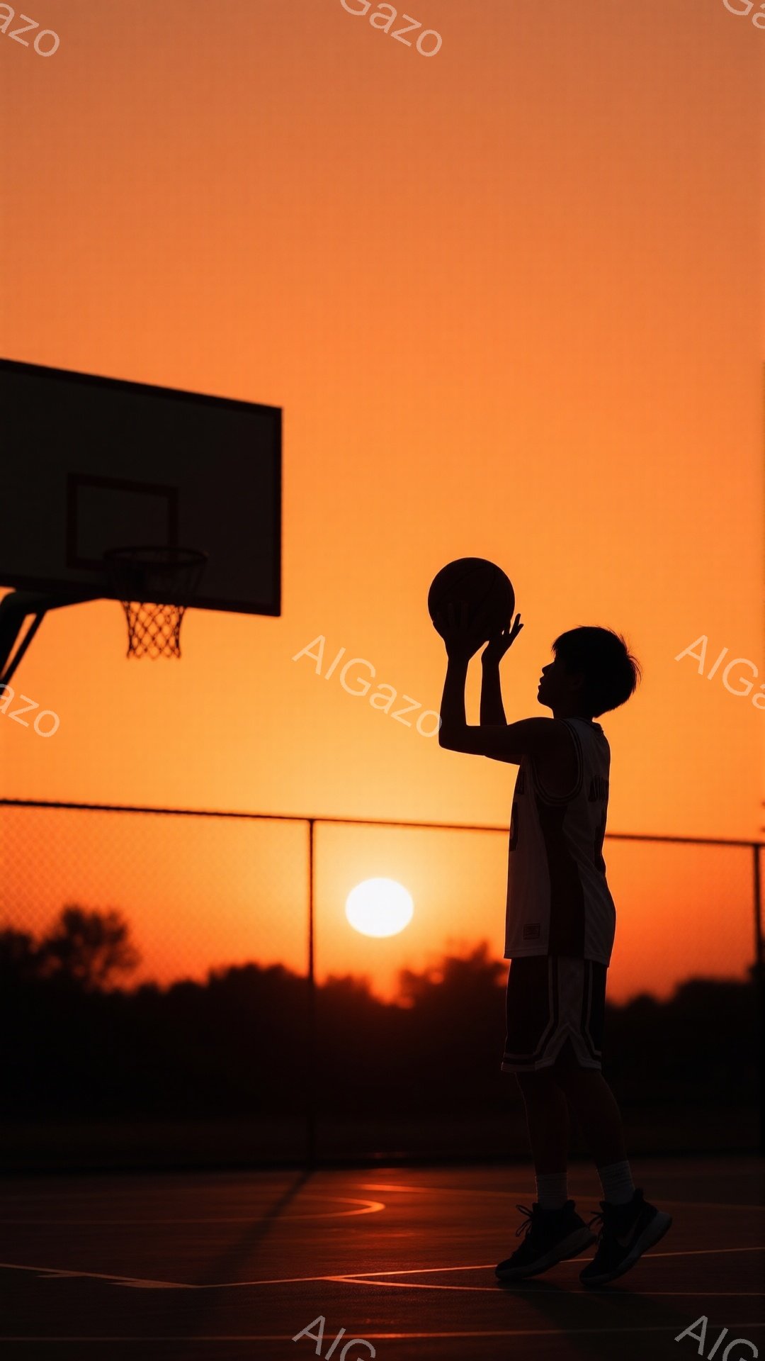 夕焼けを背景に、バスケットボールコートでシュートを練習する少年がシルエットで描かれています。少年は白いタンクトップと黒いショートパンツを着用し、髪は短く、バスケットボールを持って構えています。空は鮮やかなオレンジ色に染まり、太陽が沈みかけており、コートの地面には影が伸びています。