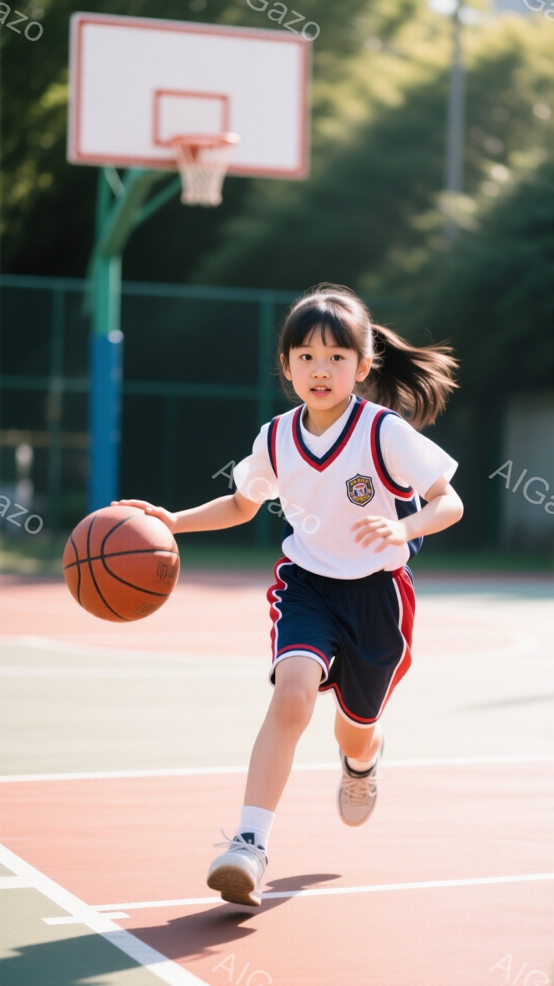 小さな女の子がバスケットボールを持って走り、ドリブルをしている様子が写っている。白いポロシャツに紺色の短パンというスポーティーな服装で、髪はポニーテールに結ばれている。背景にはバスケットボールコートとネット、そして青空が見え、活気のある明るい雰囲気である。