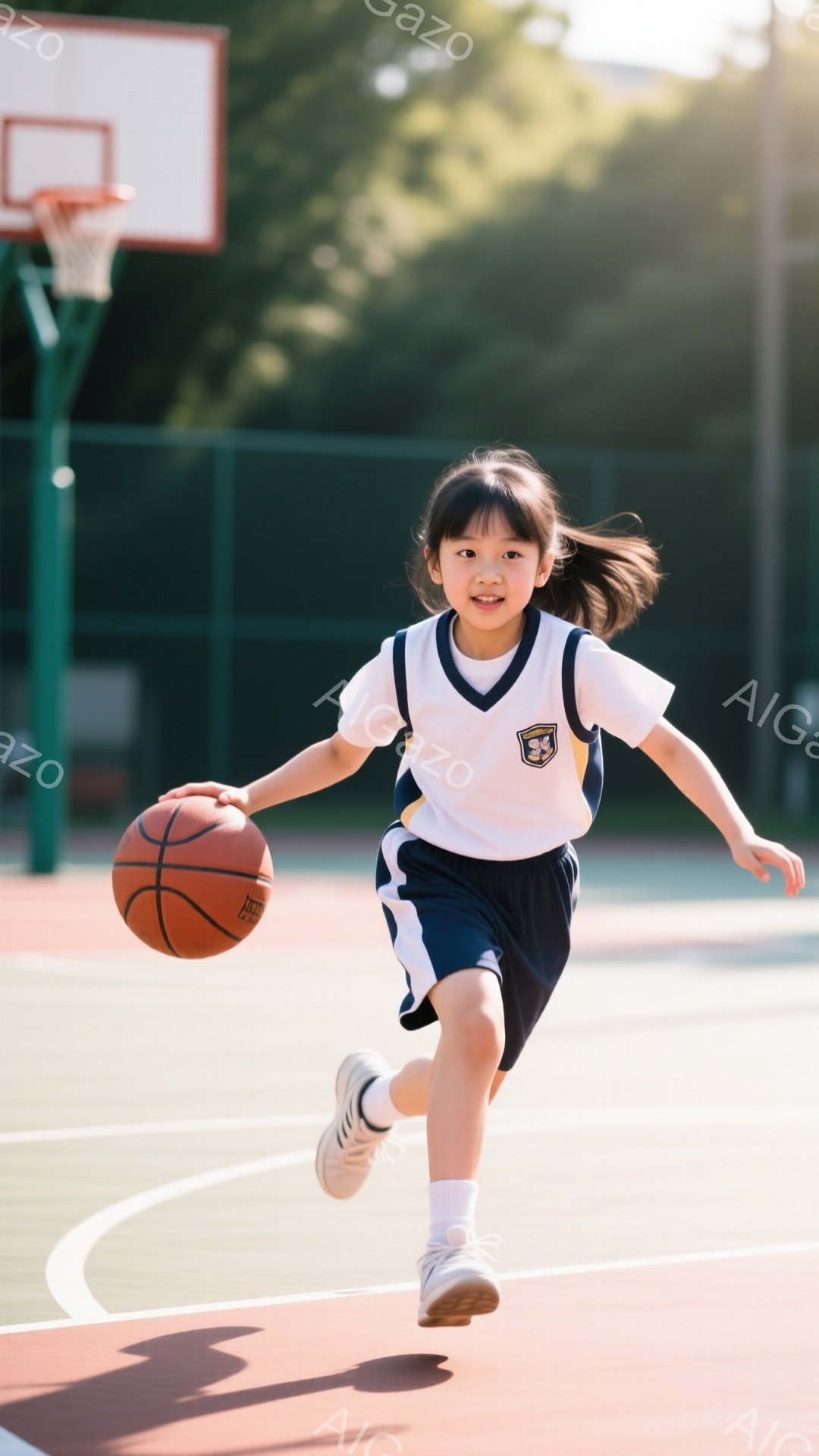 少女はバスケットボールコートでドリブルをしている。白い襟と紺色のラインが入ったポロシャツと短パン姿で、髪はポニーテールに結ばれている。顔には笑顔が浮かび、活気に満ちた表情でボールに向かって走り出している。