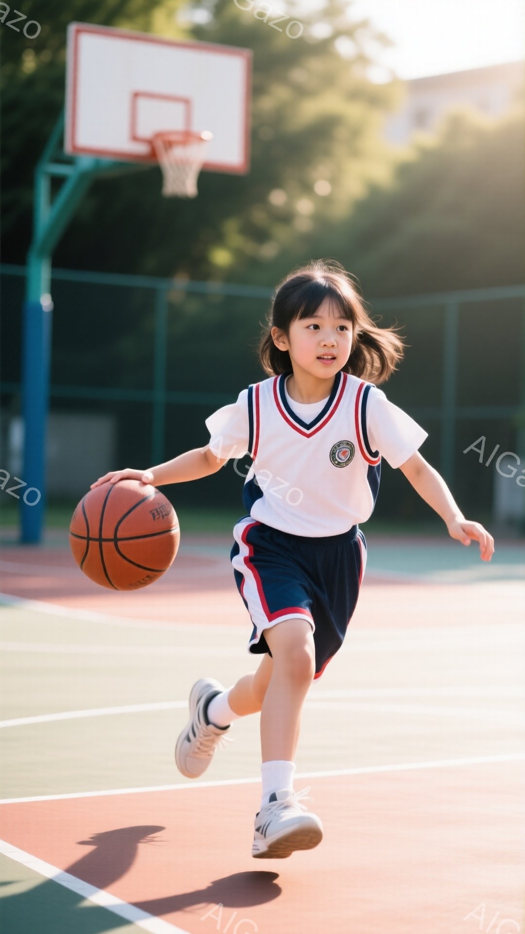 少女はバスケットボールコートでドリブルをしている。白いポロシャツと紺色のショートパンツを着ており、髪は肩までの長さで、前髪が目にかかるように整えられている。コートは屋外で、晴れた日であり、背景には建物が見える。