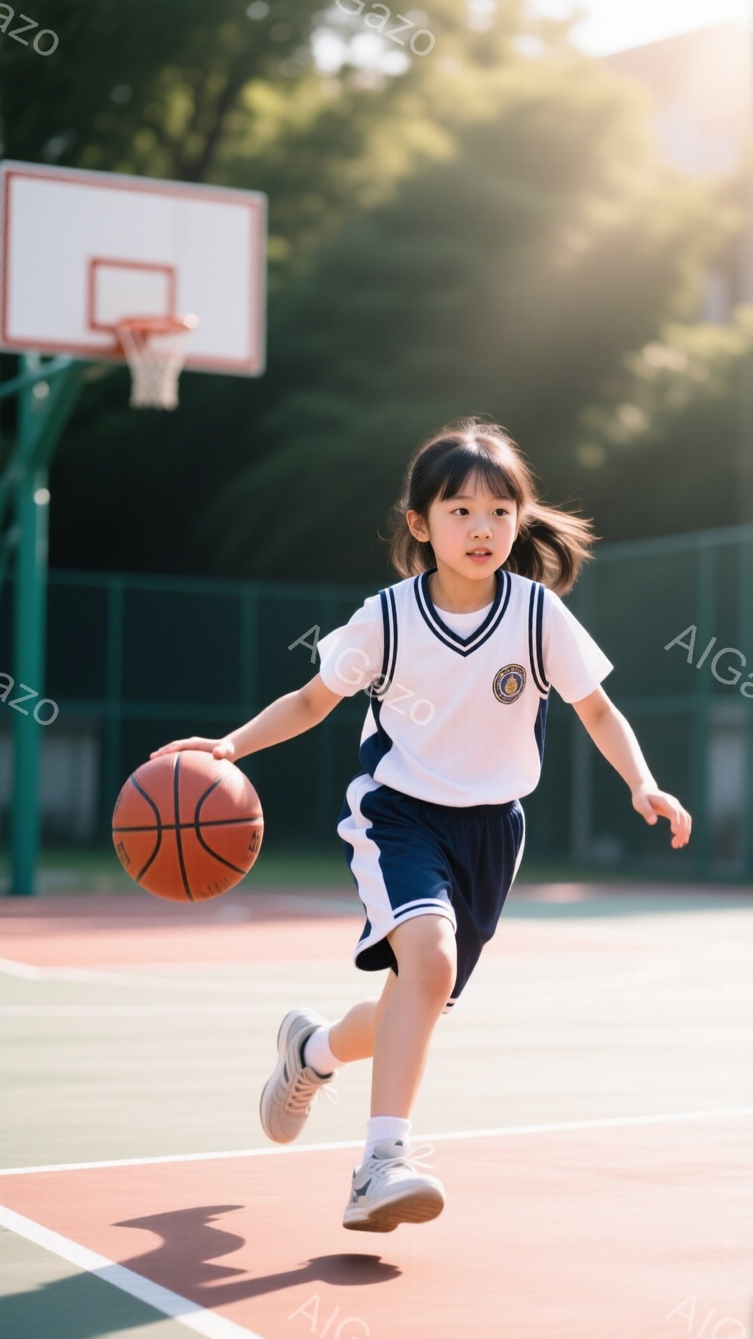 明るい日差しの中で、小さな女の子がバスケットボールコートをドリブルしながら走っている。紺色の縁取りが施された白いポロシャツと紺色の短パンを着用し、髪はポニーテールに結ばれている。彼女は笑顔で、活気に満 - AI生成フリー素材