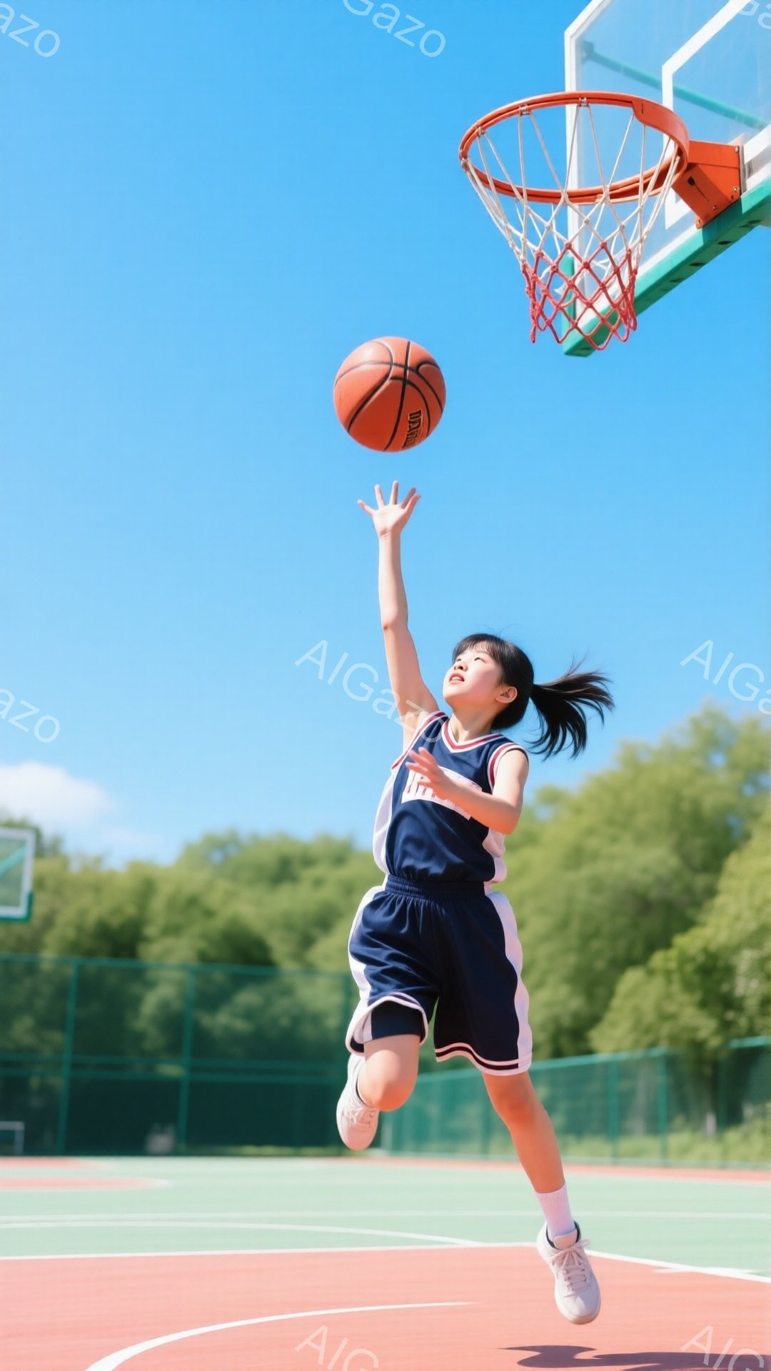 少女はバスケットボールコートでジャンプシュートをしています。紺色のシャツと紺色のショートパンツを着用し、ポニーテールで髪をまとめています。背景には緑豊かな木々が広がり、晴天の下、活気のある雰囲気です。